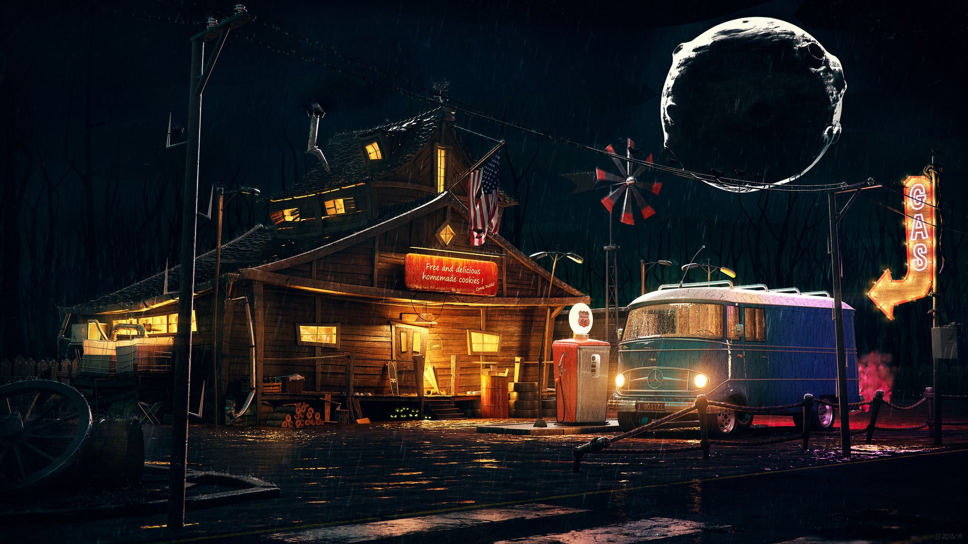 Gas Station, Machine, Environments, Old, Gas stations, Rain, Night, USA, Wood, 1080P, John Jacinto, Spooky, House, Rainy, Station, Flag, Mercedes, Joao Jacinto, HD Wallpaper