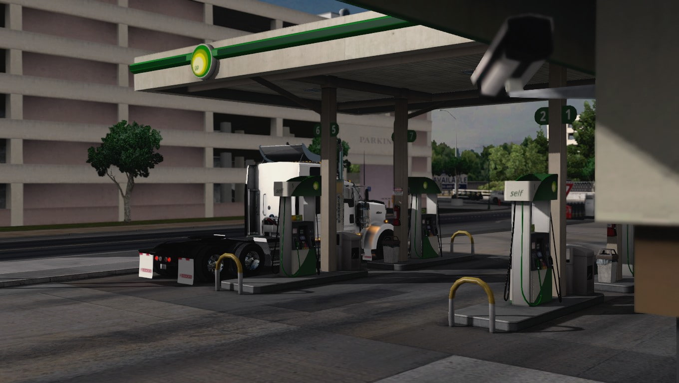 fossil fuel, land vehicle, city, built structure, fuel and power generation, outdoors, mode of transportation, transportation, american truck simulator trucks gas stations video games, HD Wallpaper