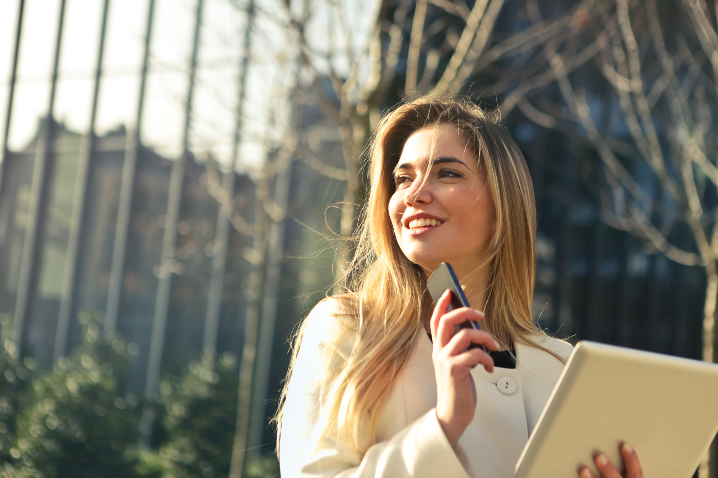 outdoors, smiling, happy, jacket, computer, young adult, woman, white, work, beautiful woman, young, girl, fashion, mobile, one person, happiness, smartphone, HD Wallpaper
