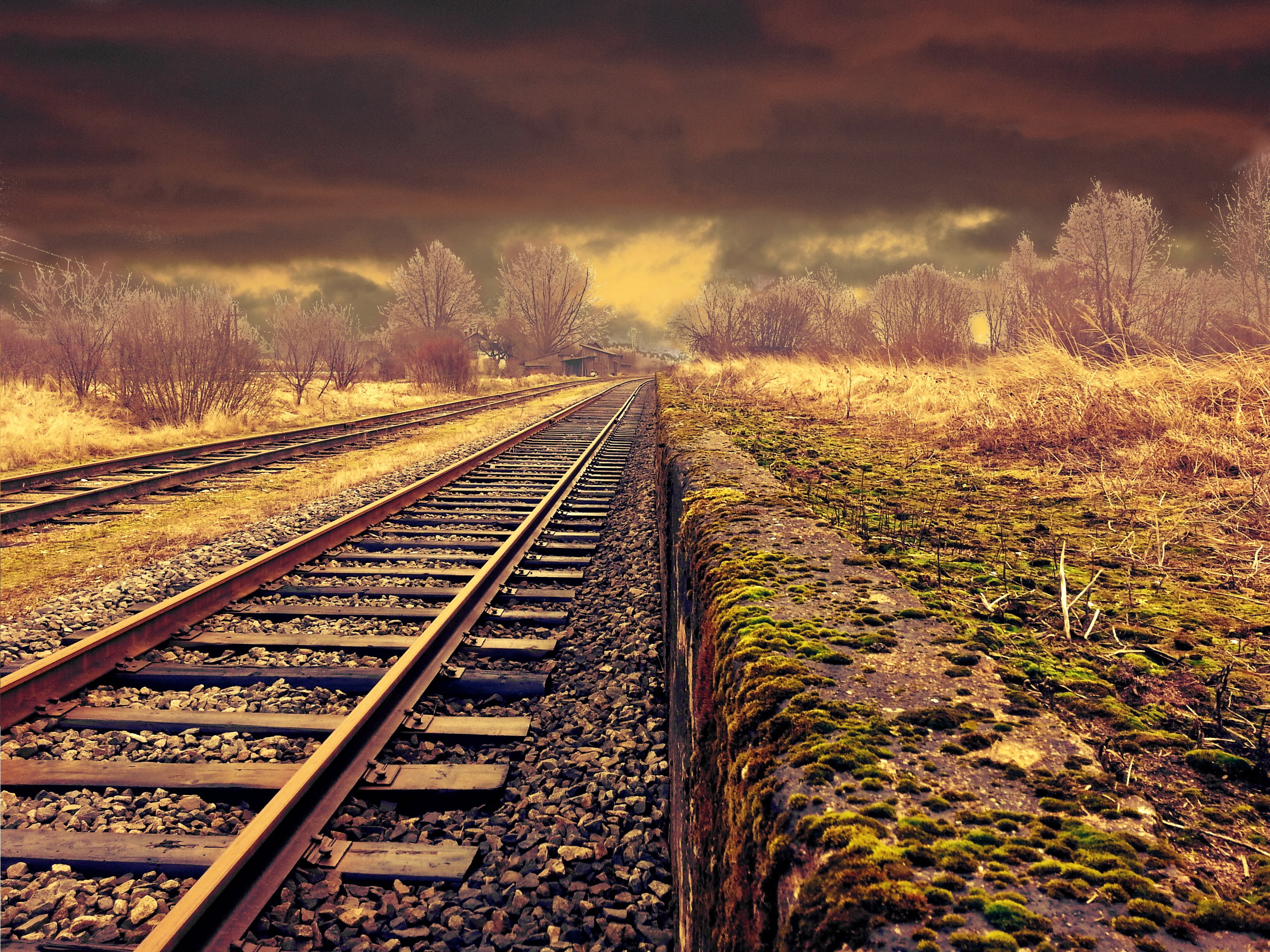 the way forward, diminishing perspective, scene, rail tracks, no people, railway, tranquil scene, long, mode of transportation, brown, landscape, parallel, HD Wallpaper