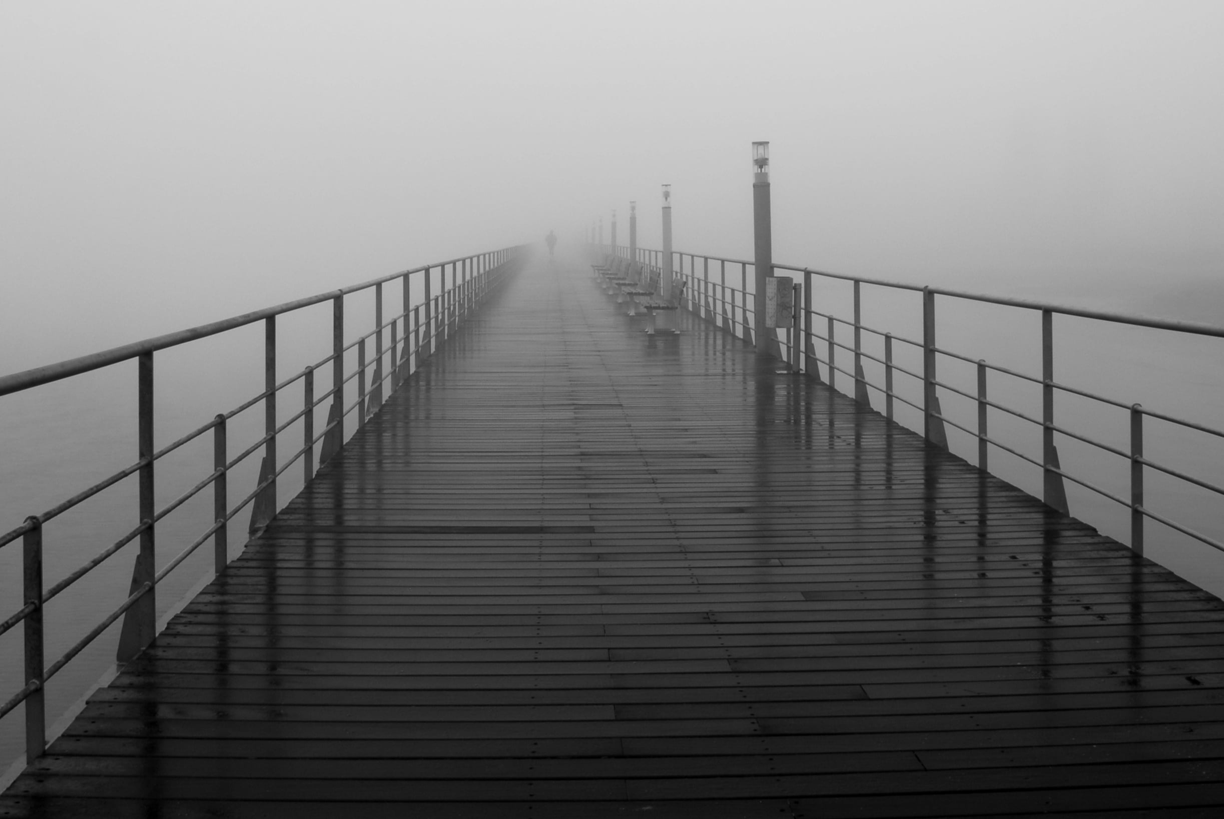 greyscale, fog, bridge - Man Made Structure, sea, Lisbon, nature, photo, Going nowhere, Ouro, Parque das Nações, 1080P, Portugal, dock, HD Wallpaper