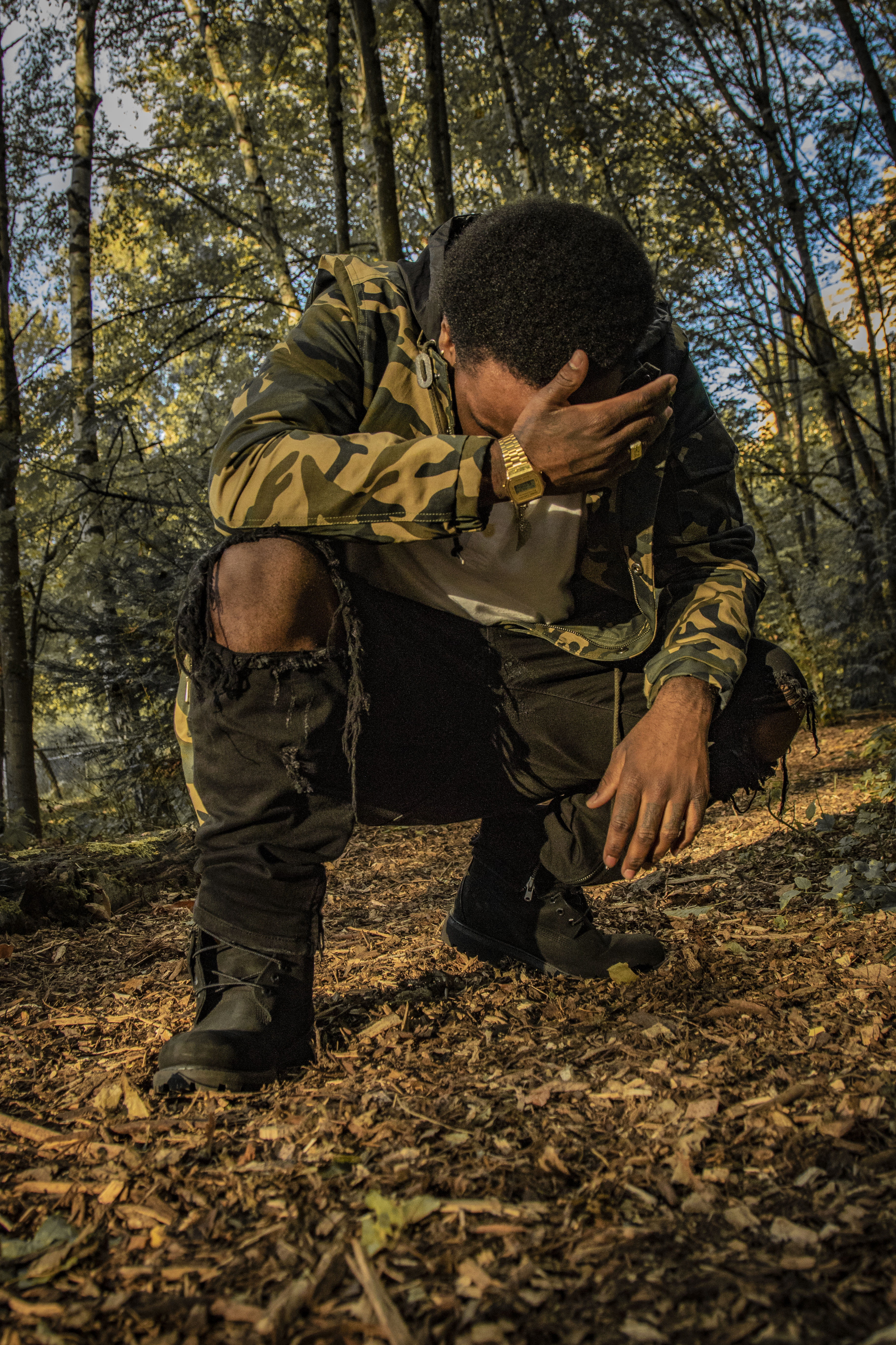 nowhere, weapon, hiphop, plant, uniform, trees, camouflage clothing, forest, kayzee, 5K, camo, one person, sadness, united states, distress, armed forces, Phone HD Wallpaper