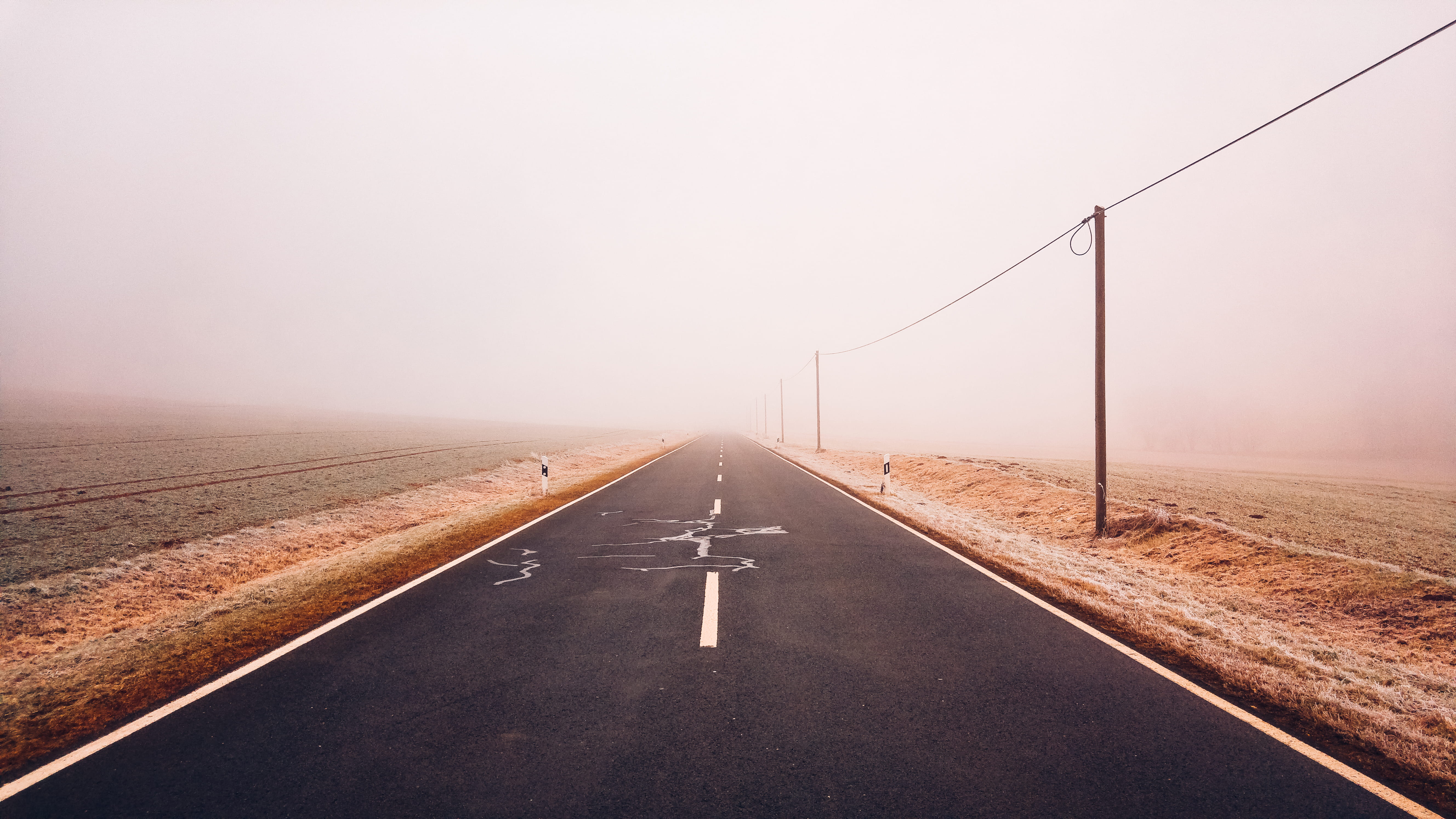 fog, contrast, building, marking, road trip, empty, no people, straight, transportation, vanishing point, drive, tarmac, black, nature, nowhere, landscape, HD Wallpaper