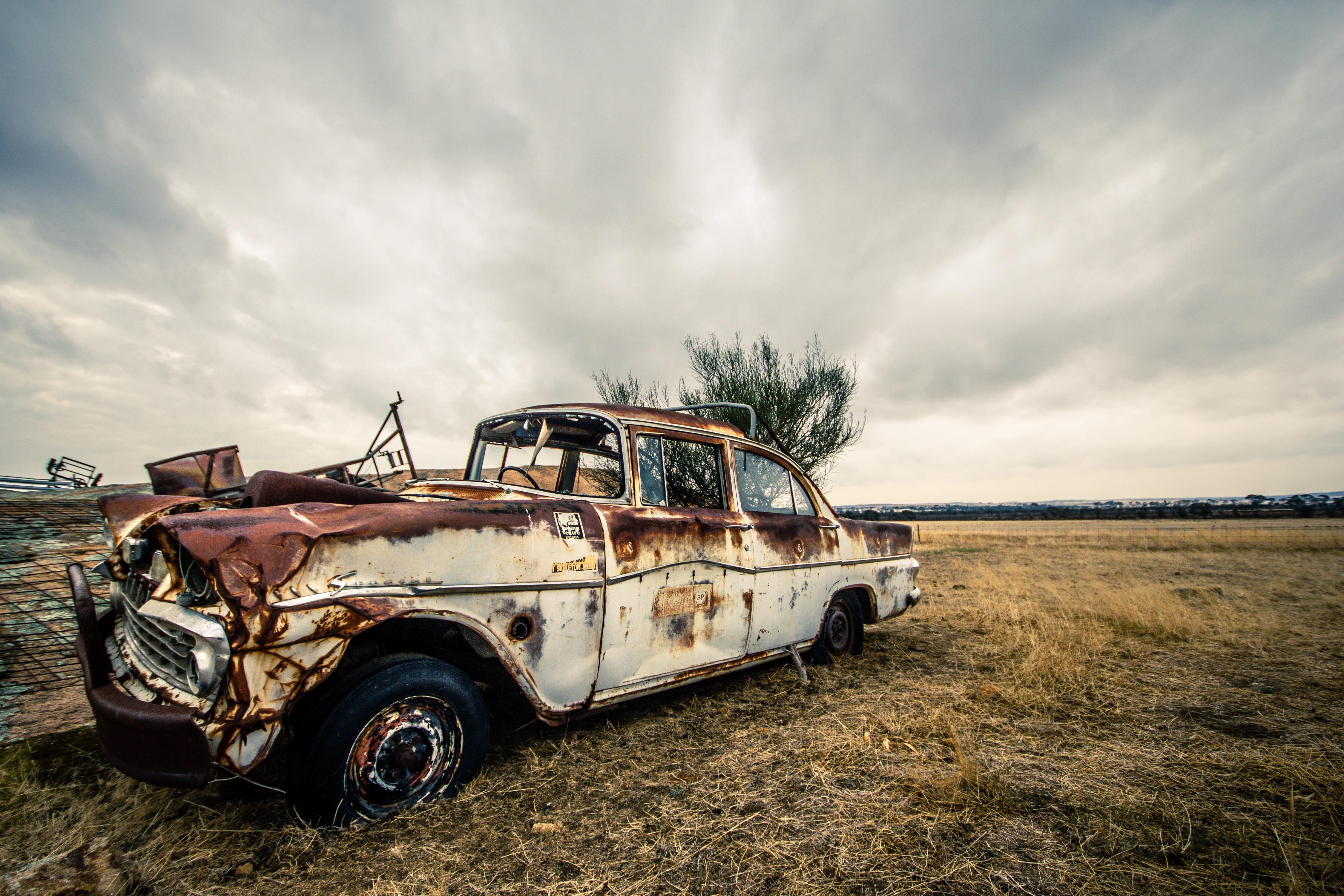 cloud - sky, car, ground, deterioration, machine, outback, road, offroad, abadoned, ruined, abandoned, nowhere, 4K, old, automobile, transportation, tire, HD Wallpaper