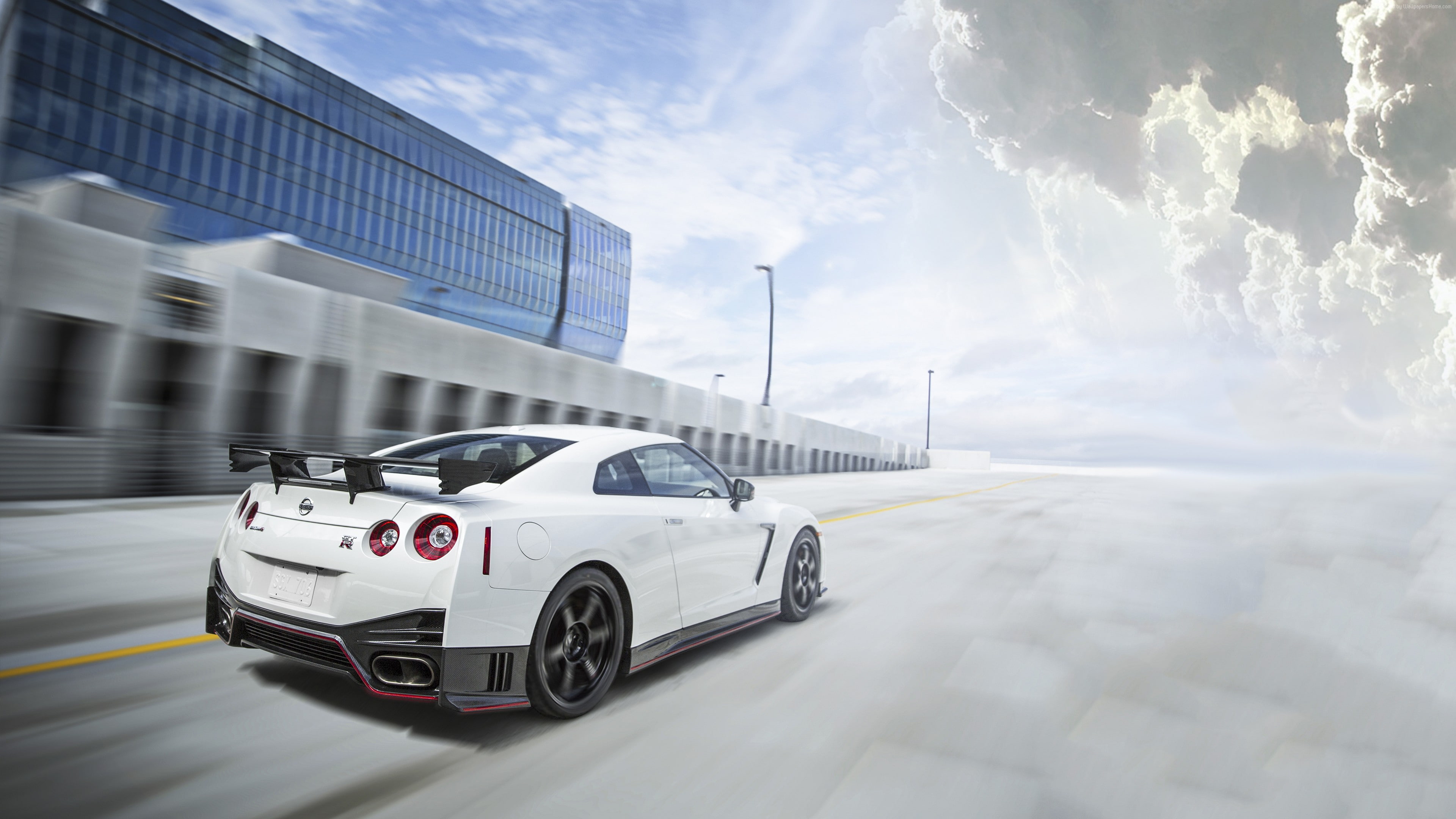 built structure, mode of transportation, motor vehicle, sky, road, no people, Nissan GT-R Nismo, on the move, cloud - sky, 4K, transportation, test drive, HD Wallpaper