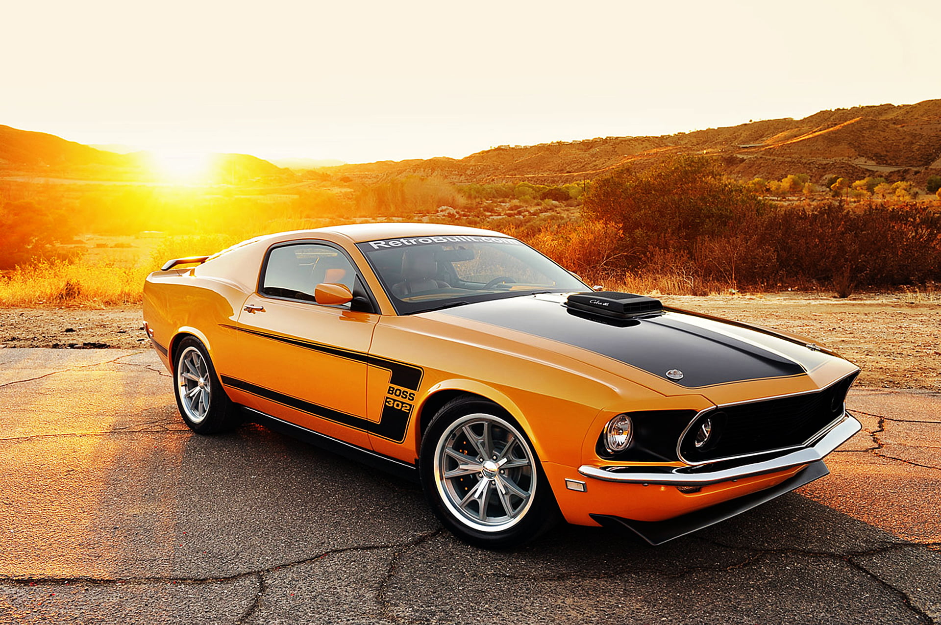 land, car, land vehicle, orange, boss, sky, sunlight, nature, motor vehicle, 1969, retro styled, transportation, convertible, road, Retrobuilt, sunset, HD Wallpaper