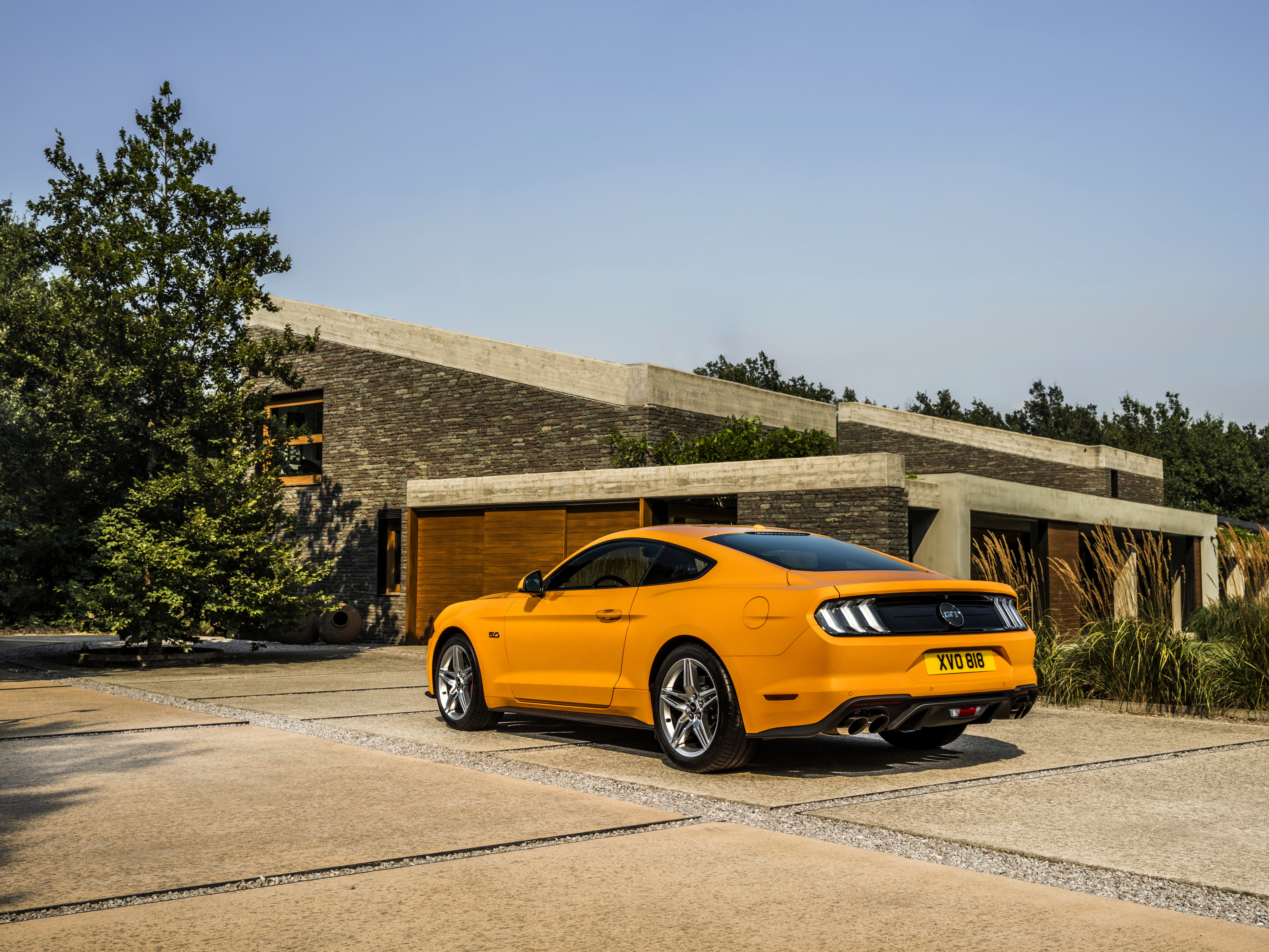 fastback, Ford, Parking, 2018, orange, 5K, Mustang GT 5.0, HD Wallpaper