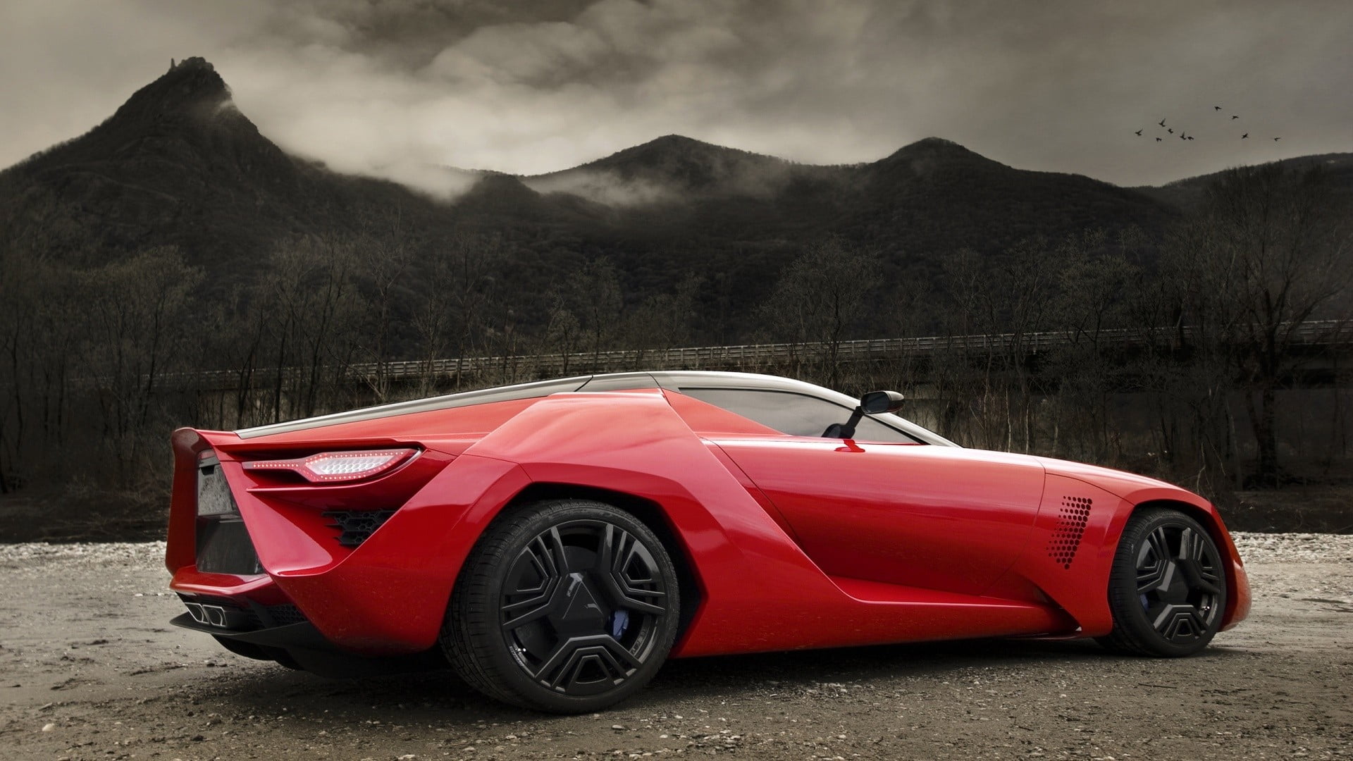 motor vehicle, tree, luxury, no people, car, nature, land, sky, non-urban scene, cloud - sky, Bertone Mantide, black, transportation, 1080P, land vehicle, HD Wallpaper