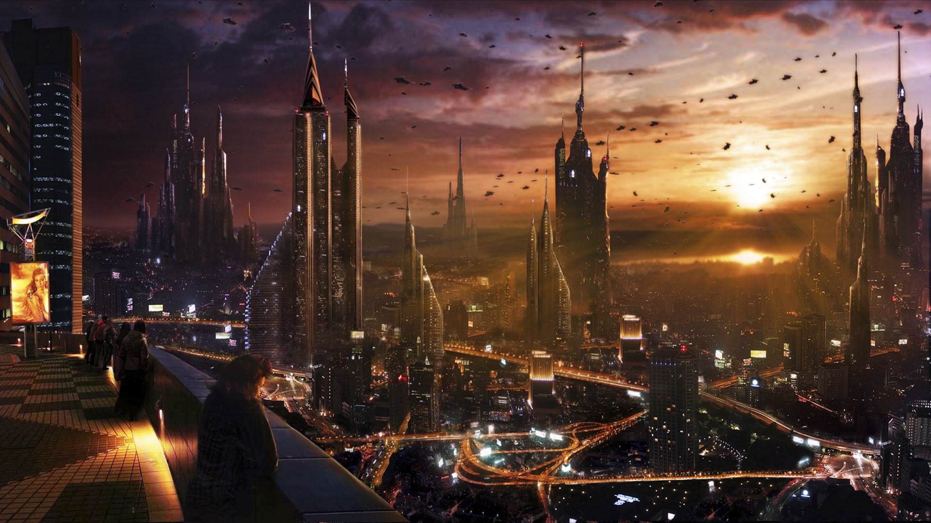 skyscrapers, science, digital, Spacecraft, cities, spaceship, 1080P, sky, manipulation, sci, buildings, sunset, CG, clouds, Futuristic, Vladimir, cars, HD Wallpaper