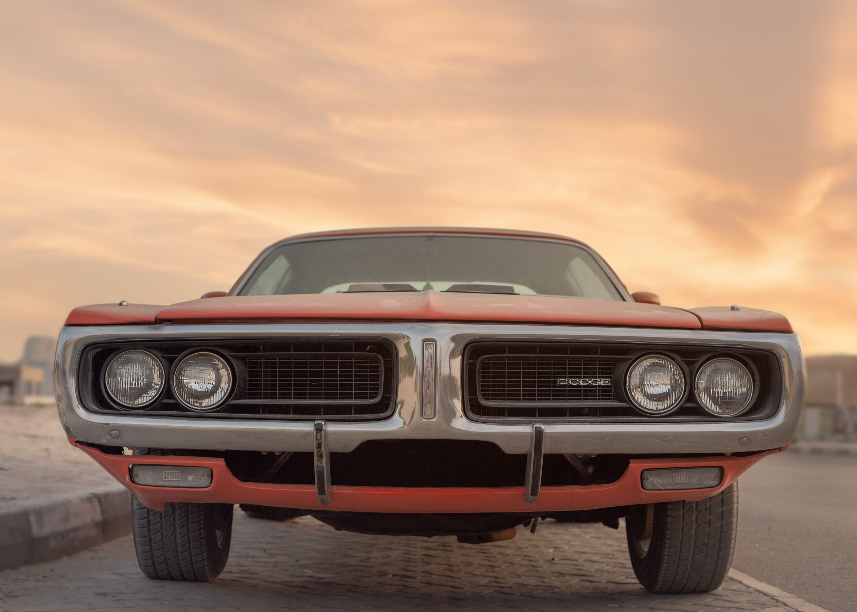 headlight, mode of transportation, nature, automotive, road, close-up, cloud - sky, old, automobile, american car, focus, sky, land vehicle, dodge, pavement, HD Wallpaper
