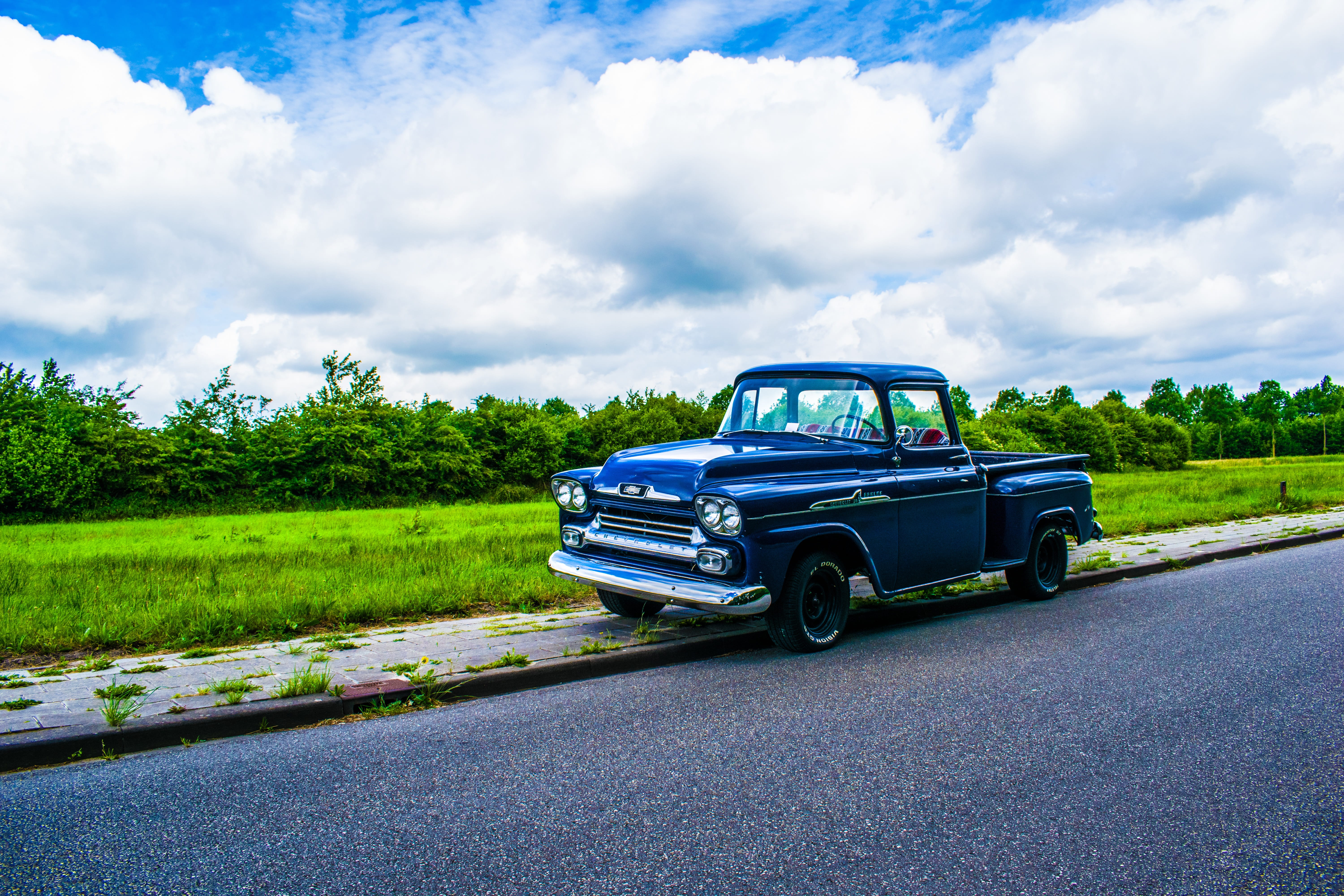 outdoors, nature, mode of transportation, retro styled, classic, rod, old, Pickup, sky, vehicle, american, apache, plant, road, green color, land vehicle, HD Wallpaper