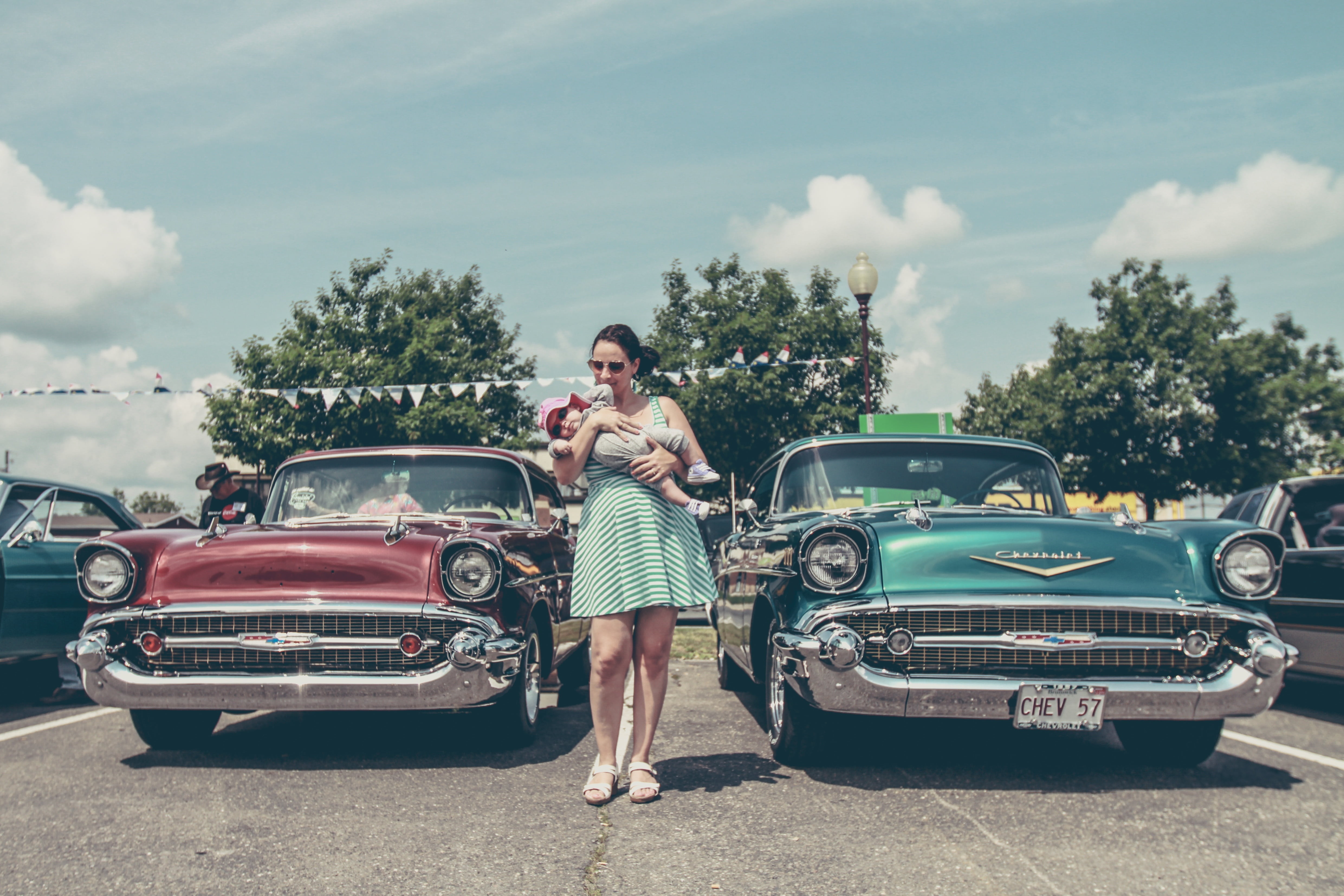 collectors car, baby, cars, mother, casual clothing, automotive, young adult, day, beautiful woman, 4K, land vehicle, mode of transportation, one person, HD Wallpaper