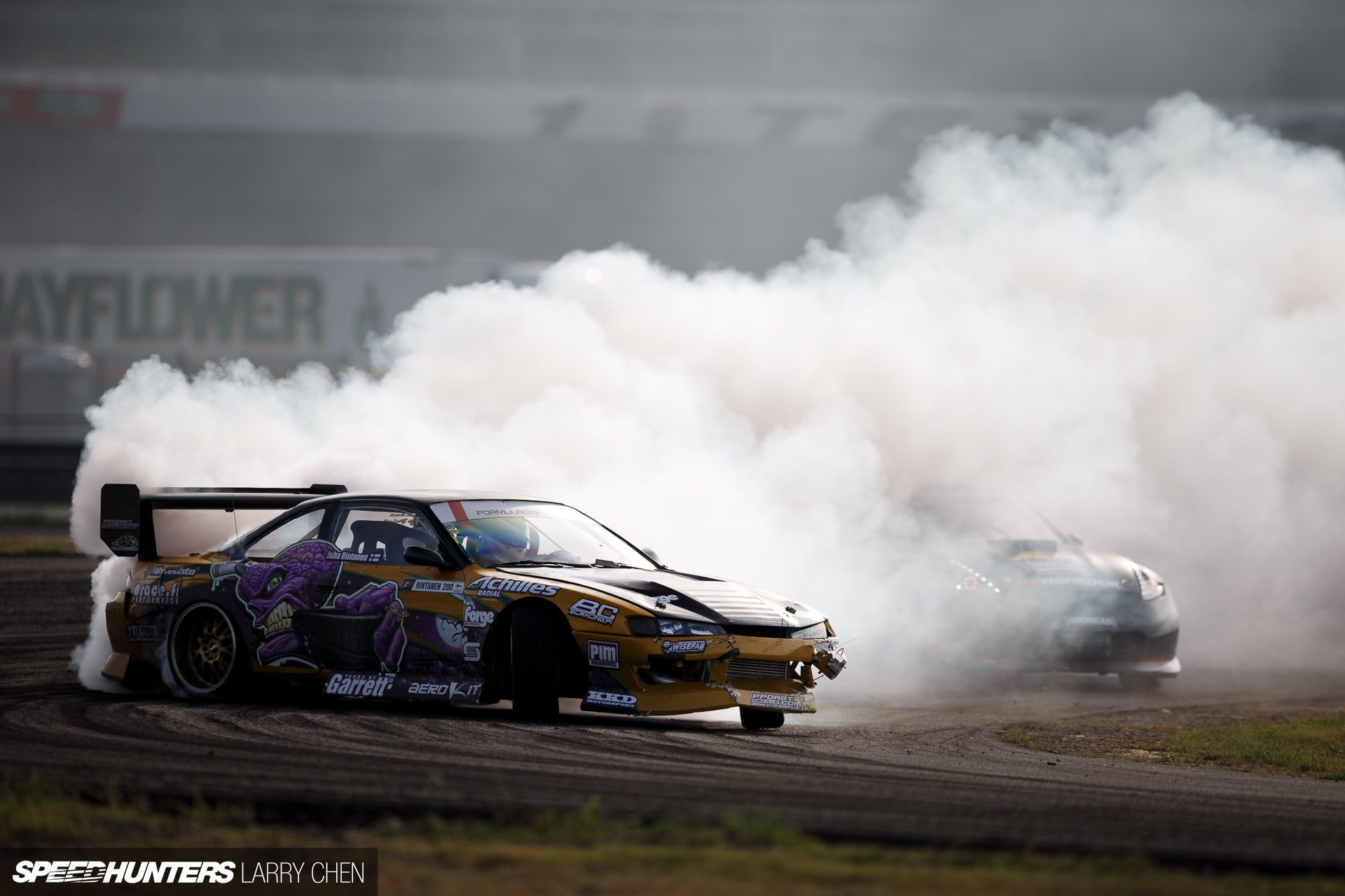 car, cars, smoke, 1080P, drift, purple, nissan, yellow, hd, HD Wallpaper