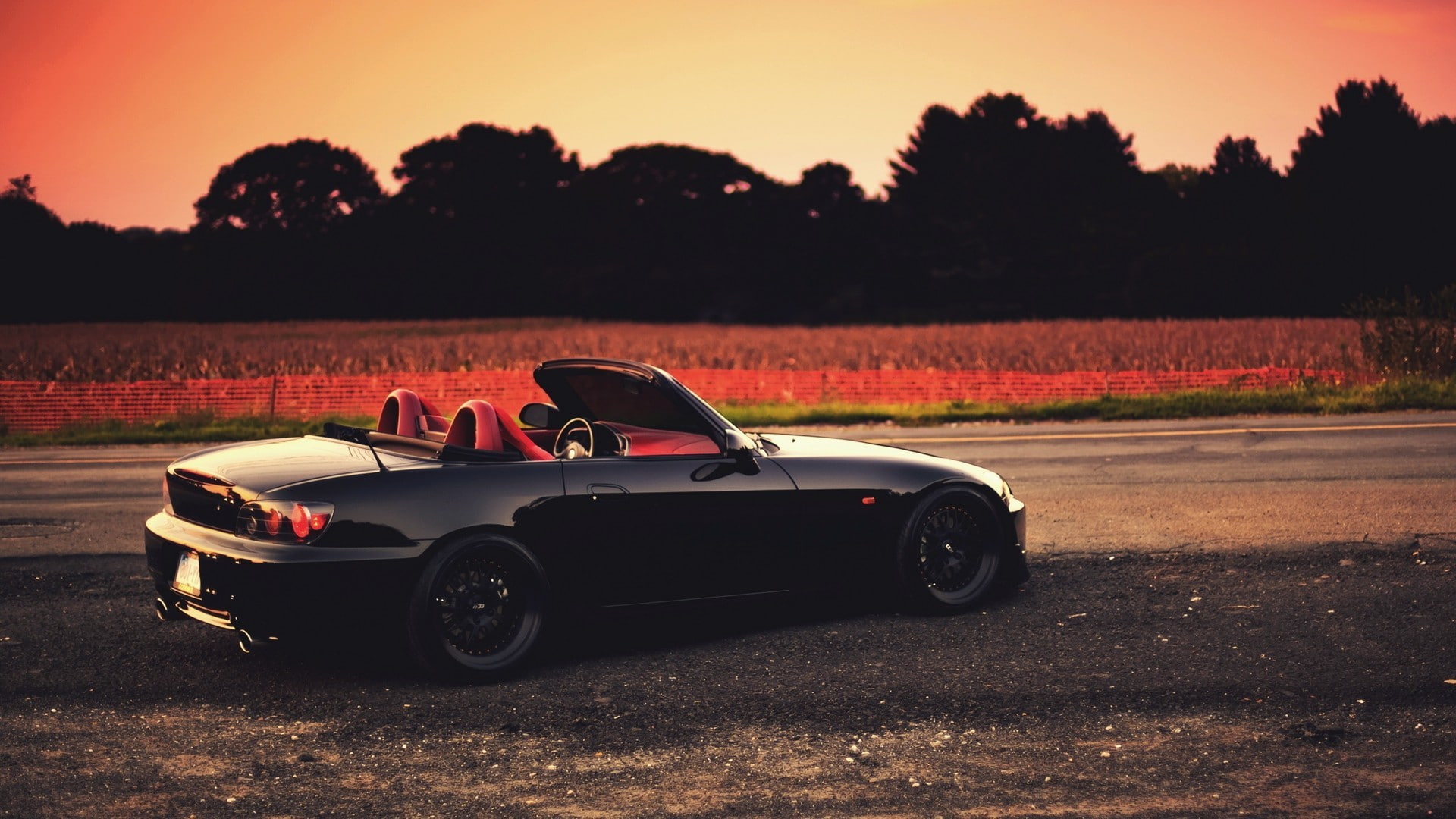 sunset, driving, land vehicle, transportation, outdoors, sky, road trip, mode of transportation, tree, land, 1080P, car sports car black cars honda honda s2000 s2k s2000, HD Wallpaper