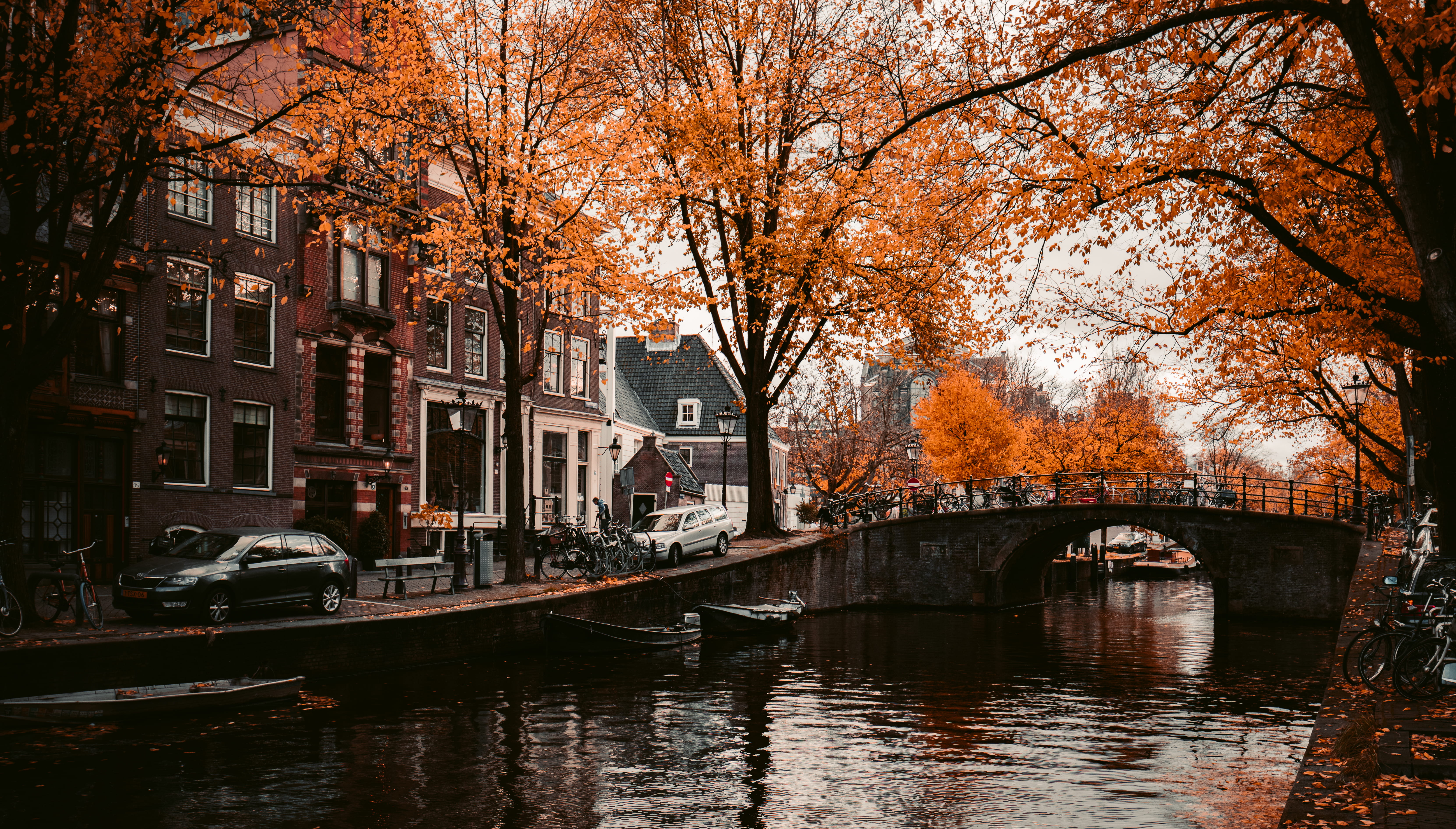 mode of transportation, plant, water, nature, nautical vessel, arch bridge, built structure, fall, season, autumn, canal, oldschool, orange, change, holland, HD Wallpaper