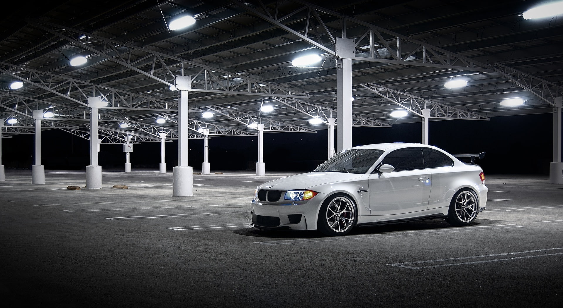 indoors, land vehicle, lighting equipment, parking garage, BMW, mode of transportation, luxury, night, gray, white, architecture, motor vehicle, city, shiny, HD Wallpaper