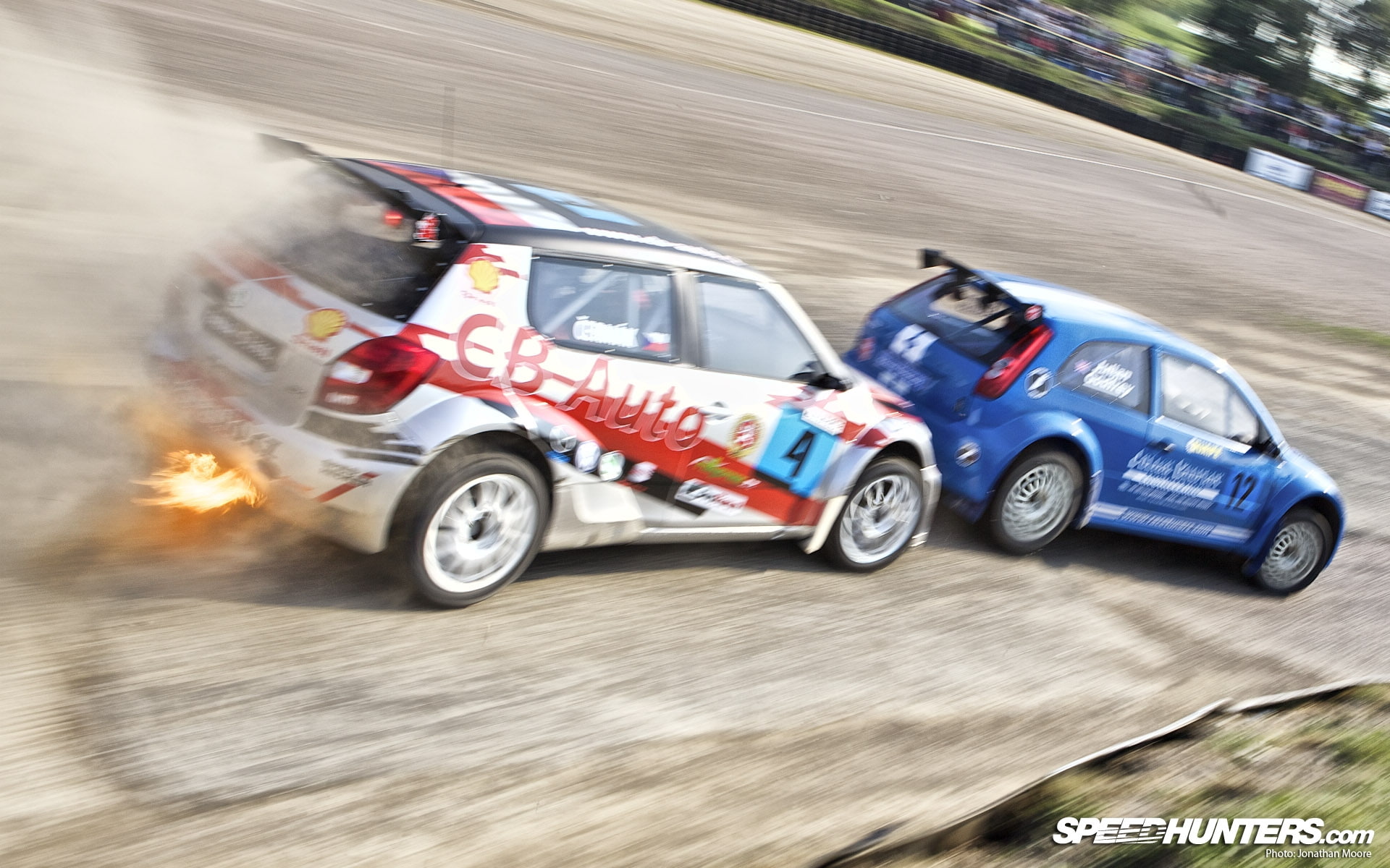 racing, backfire, smoke, 1080P, competition, hd, flame, blue, rally, cars, two, white, fire, race, HD Wallpaper