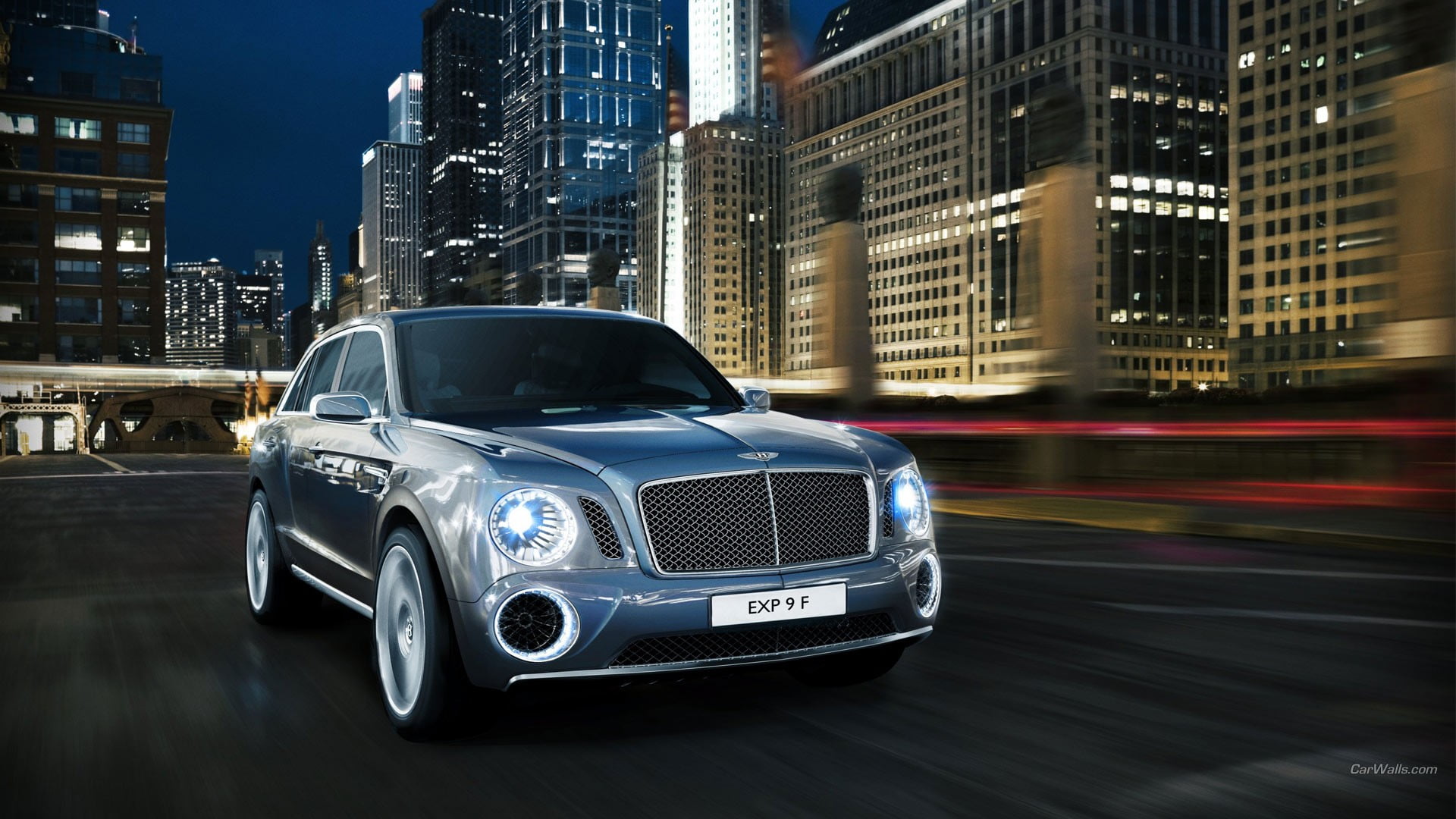 motion, illuminated, speed, motor vehicle, silver, benz, building, skyscraper, 1080P, blurred motion, sedan, Bentley XP9, architecture, Bentley, city, HD Wallpaper
