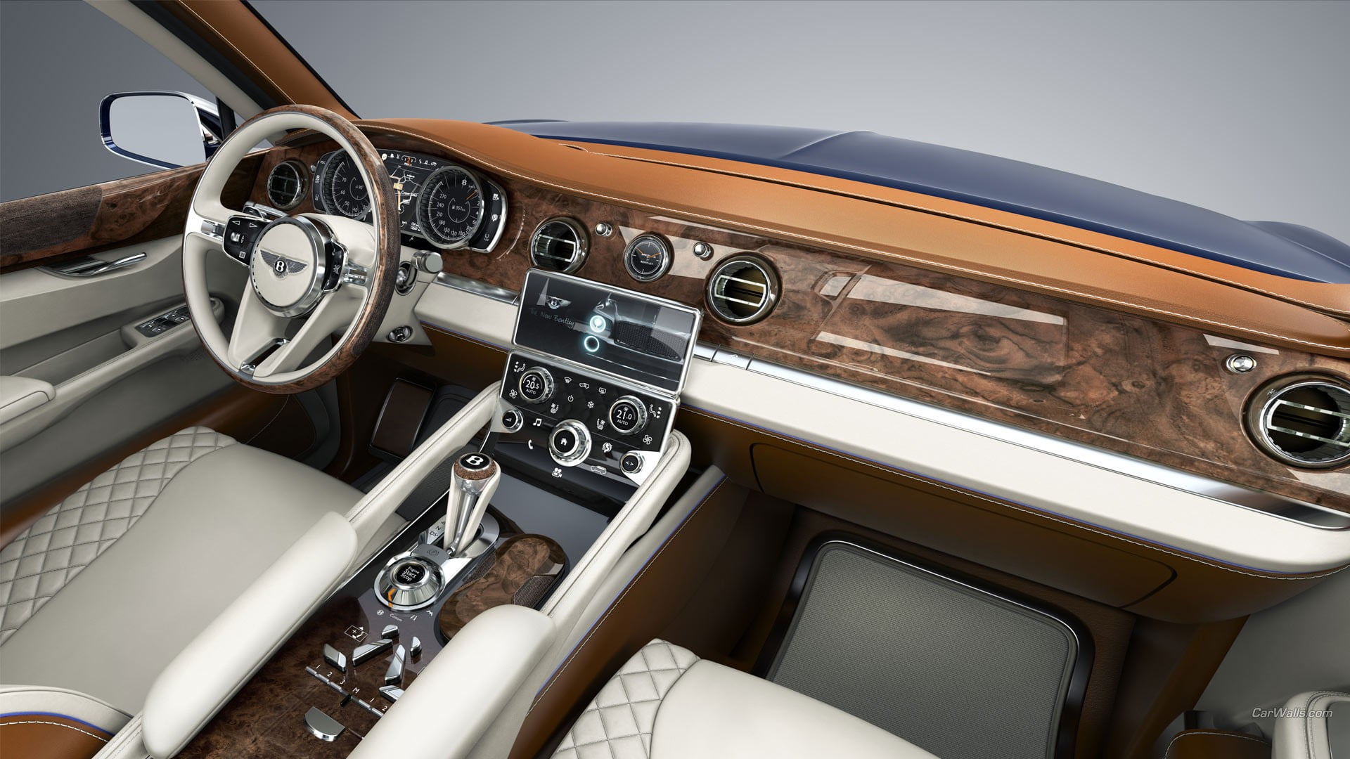 day, steering, luxury, car interior, technology, 1080P, brown, white, no people, indoors, Bentley XP9, land vehicle, wheel, retro styled, car, transportation, HD Wallpaper