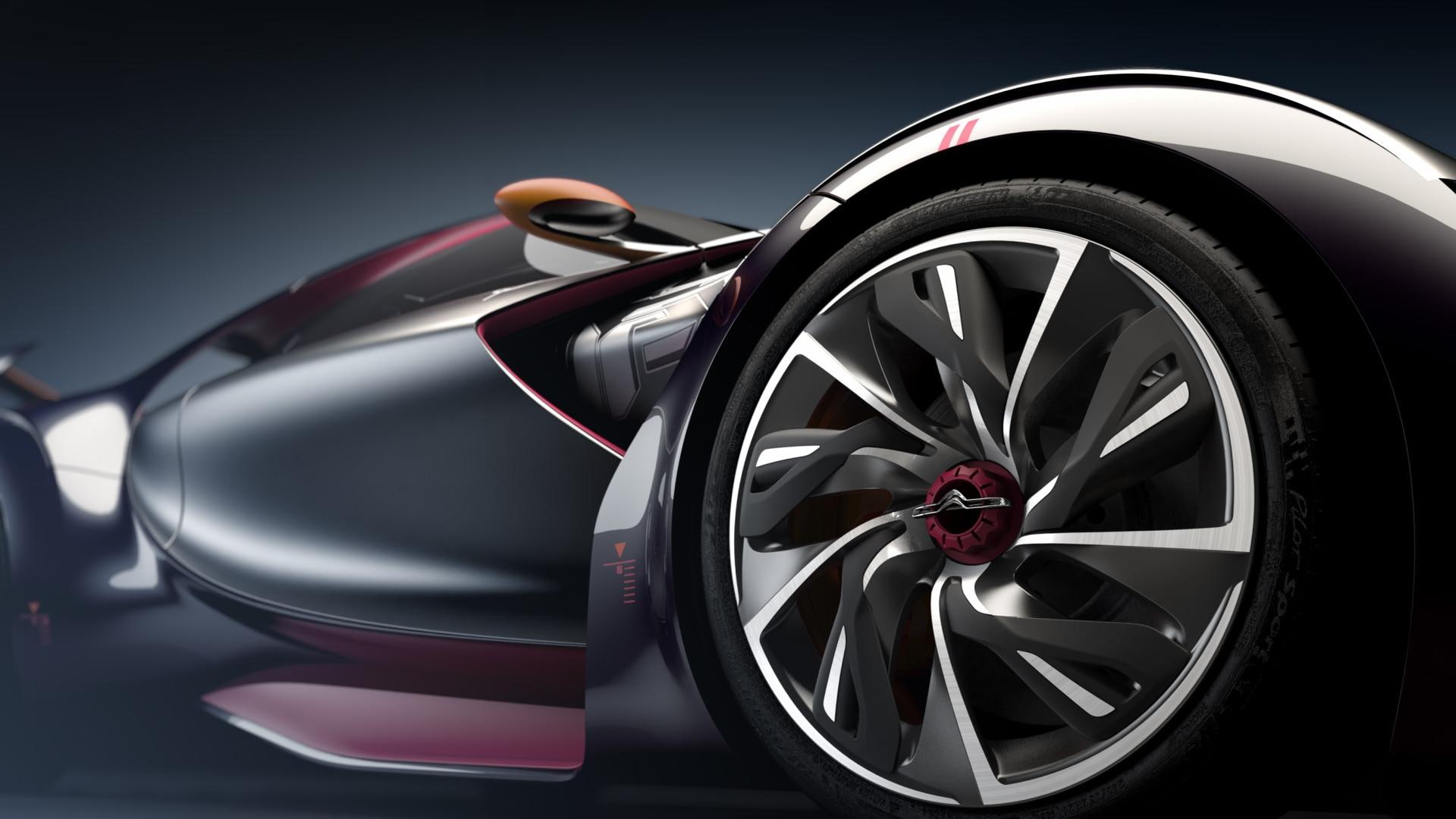 no people, racecar, black background, car, citroen, auto racing, tire, speed, shiny, black color, survolt, wheel, luxury, land vehicle, chrome, studio shot, HD Wallpaper
