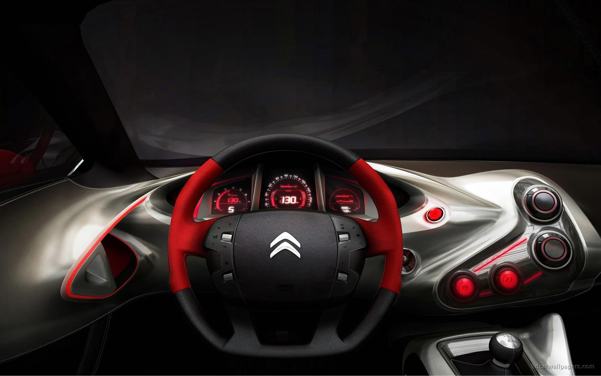 concept, interior, citroen, cars, red, car, 1080P, wheel, steering, 2010, gqbycitroen, black, HD Wallpaper