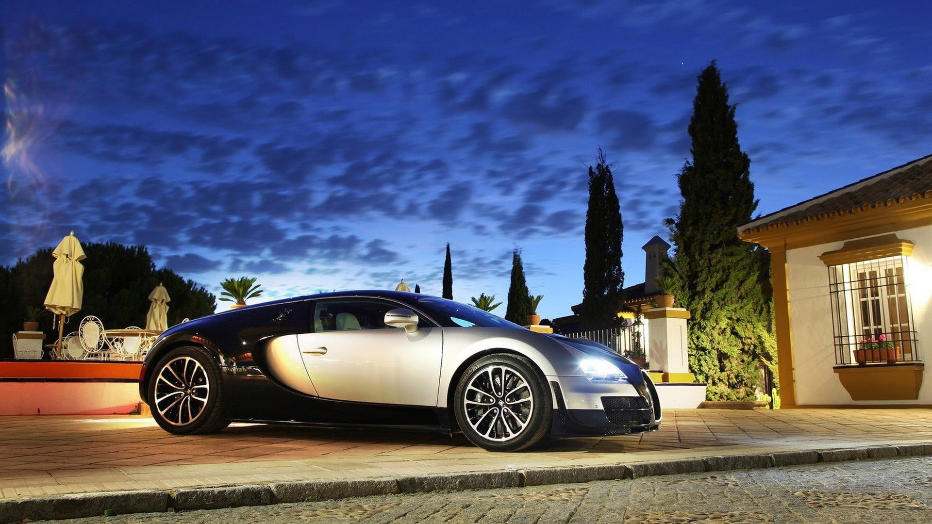 architecture, road, car, retro styled, transportation, 1080P, land vehicle, vehicle, luxury, built structure, Bugatti, Bugatti Veyron, dusk, city, mode of transportation, HD Wallpaper