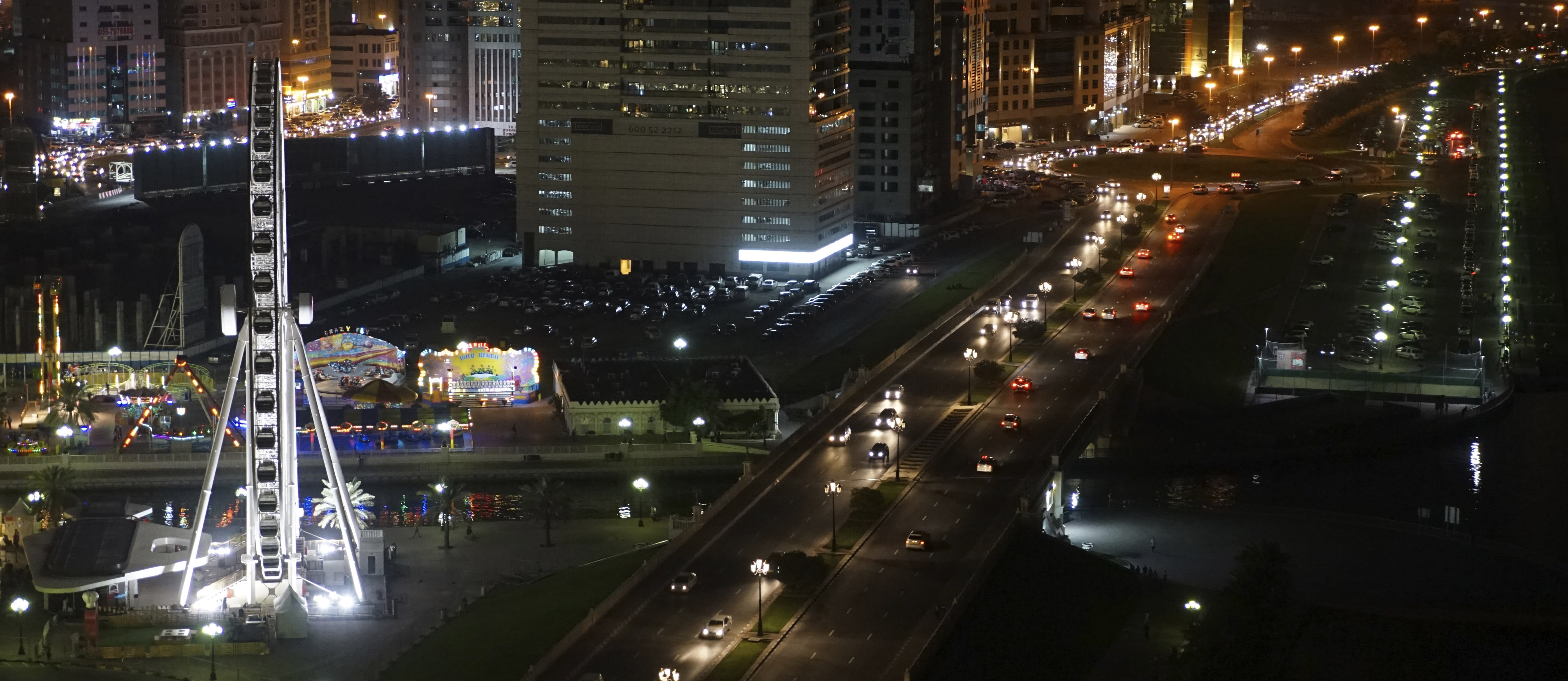 Eye, street, modern, cityscape, photos, 5K, al qasba canal, lights, office building exterior, transportation, Sharjah, built Structure, downtown District, HD Wallpaper