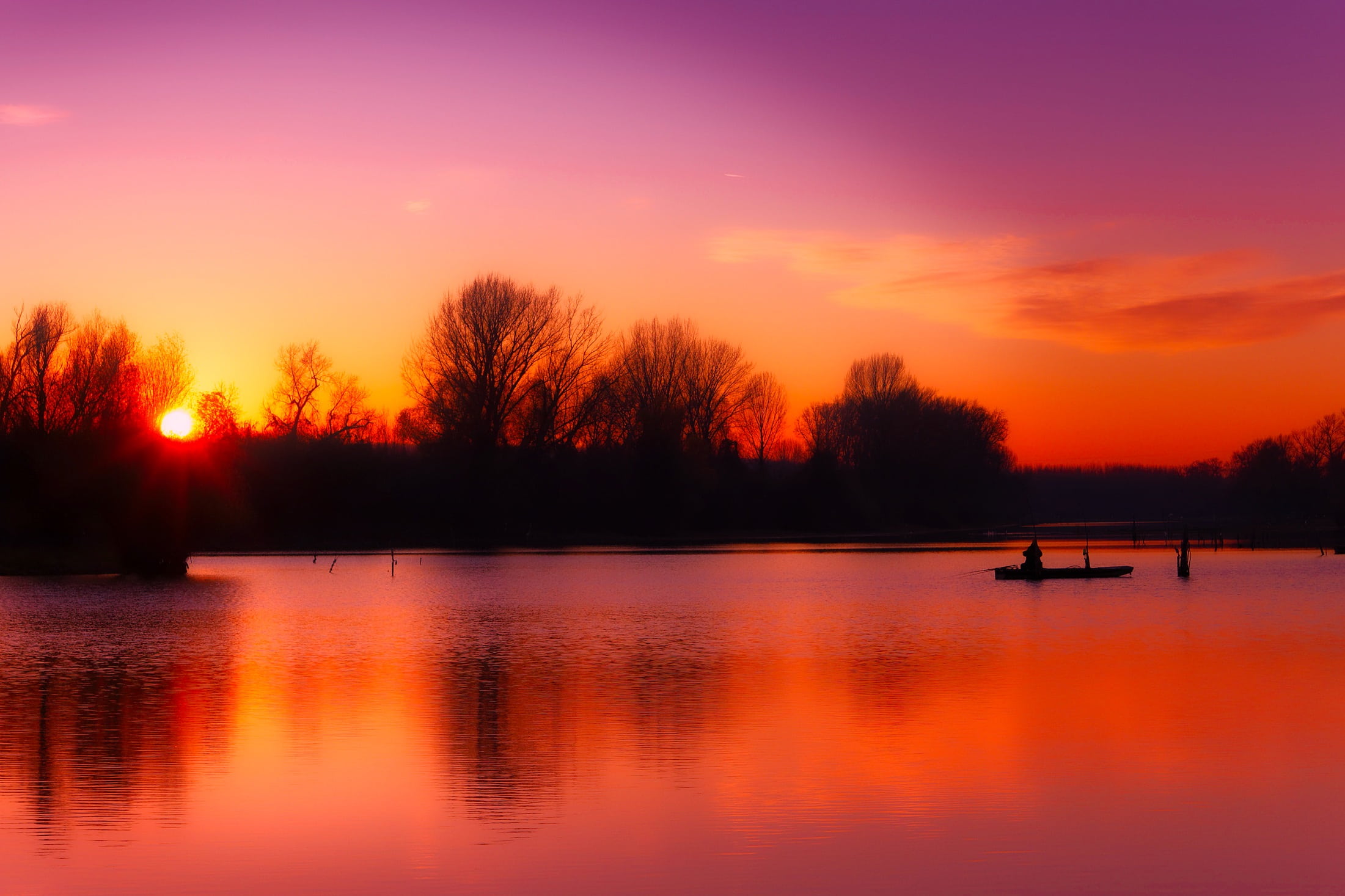 beautiful, colorful, scenics - nature, silhouettes, plant, silhouette, colors, lake, tranquil scene, woods, mode of transportation, boat, water, tree, waterfront, HD Wallpaper