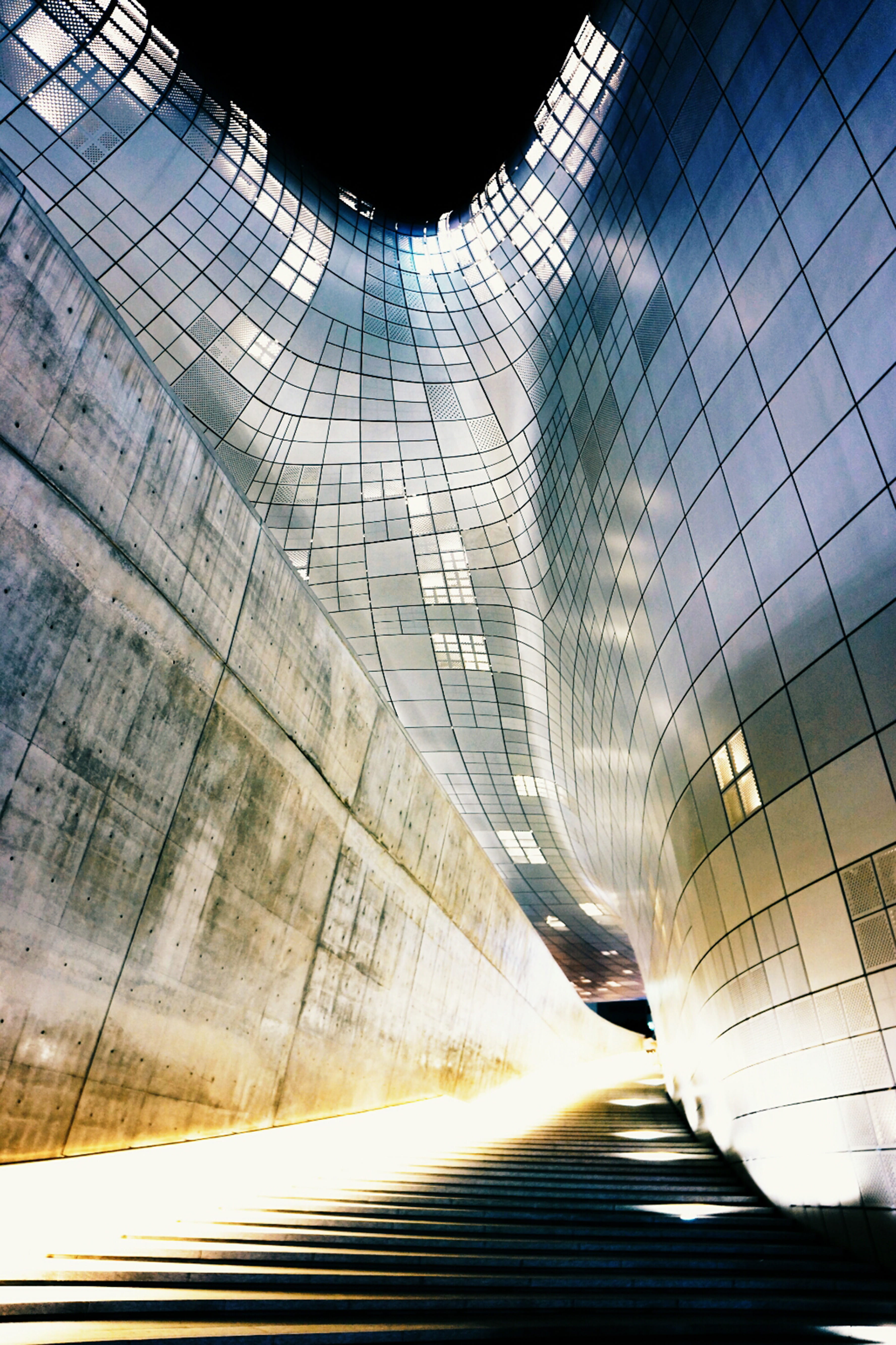 5K, design, building, dongdaemun, seoul, day, tunnel, nature, ceiling, modern, illuminated, glass - material, the way forward, reflection, direction, office building exterior, Phone HD Wallpaper