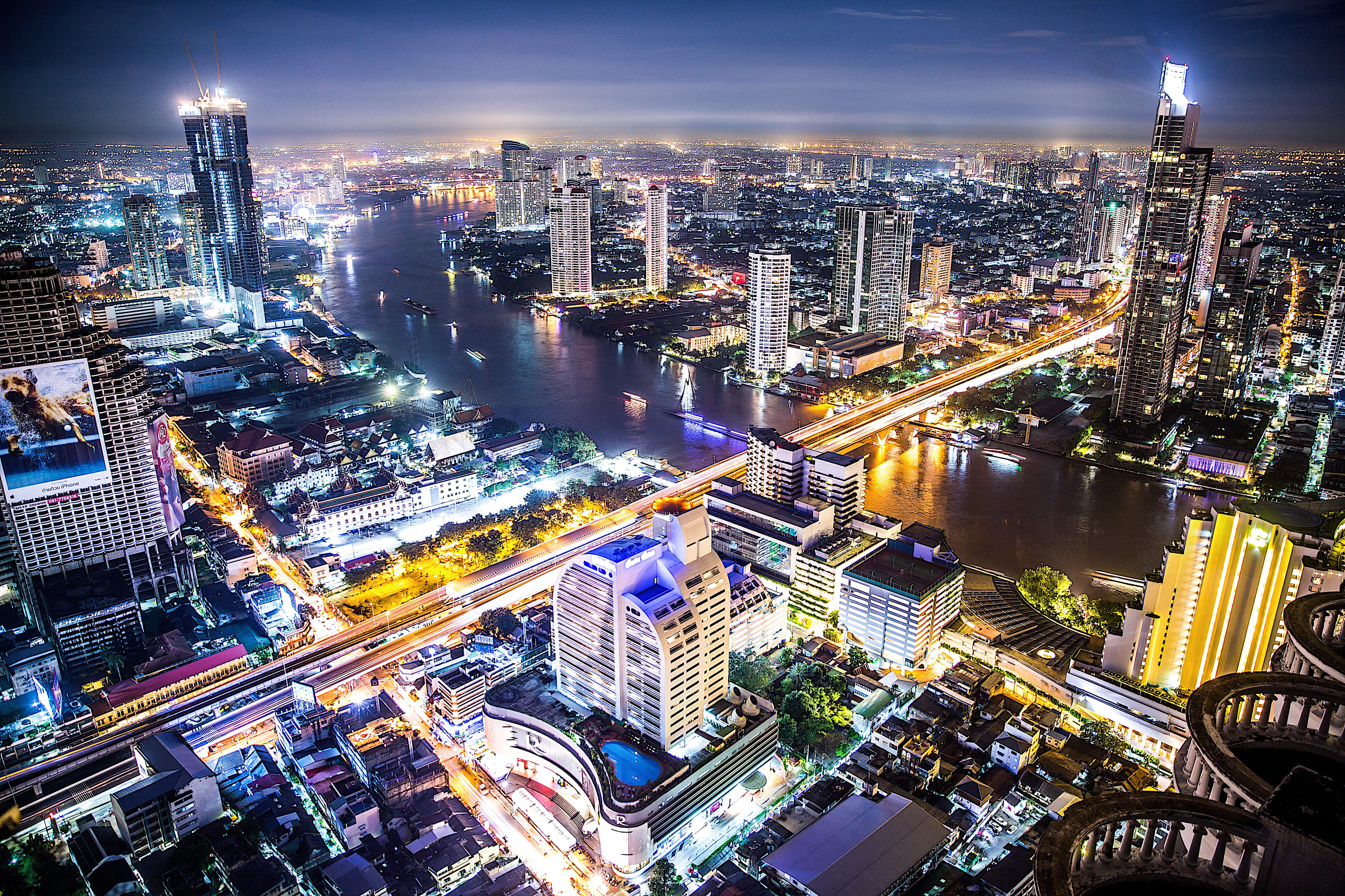 tower, twilight, business, built Structure, asia, travel, aerial, nightlife, sky, aerial View, explore, transportation, longexposure, finance, cityscape, HD Wallpaper