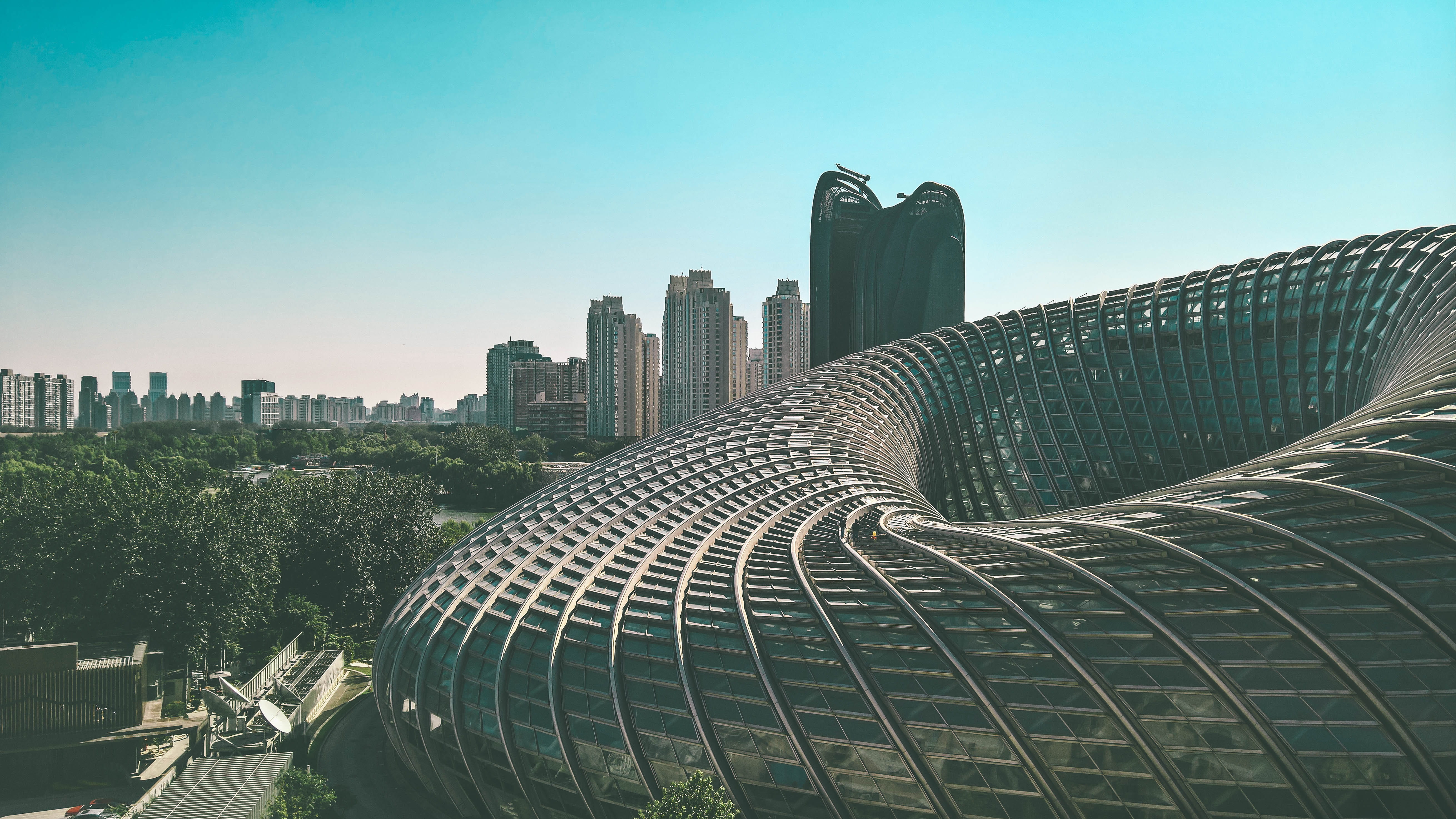 no people, clear sky, 5K, sky, outdoors, nature, stadium, glass, financial district, architecture, building exterior, urban skyline, beijing, metropolitan area, HD Wallpaper