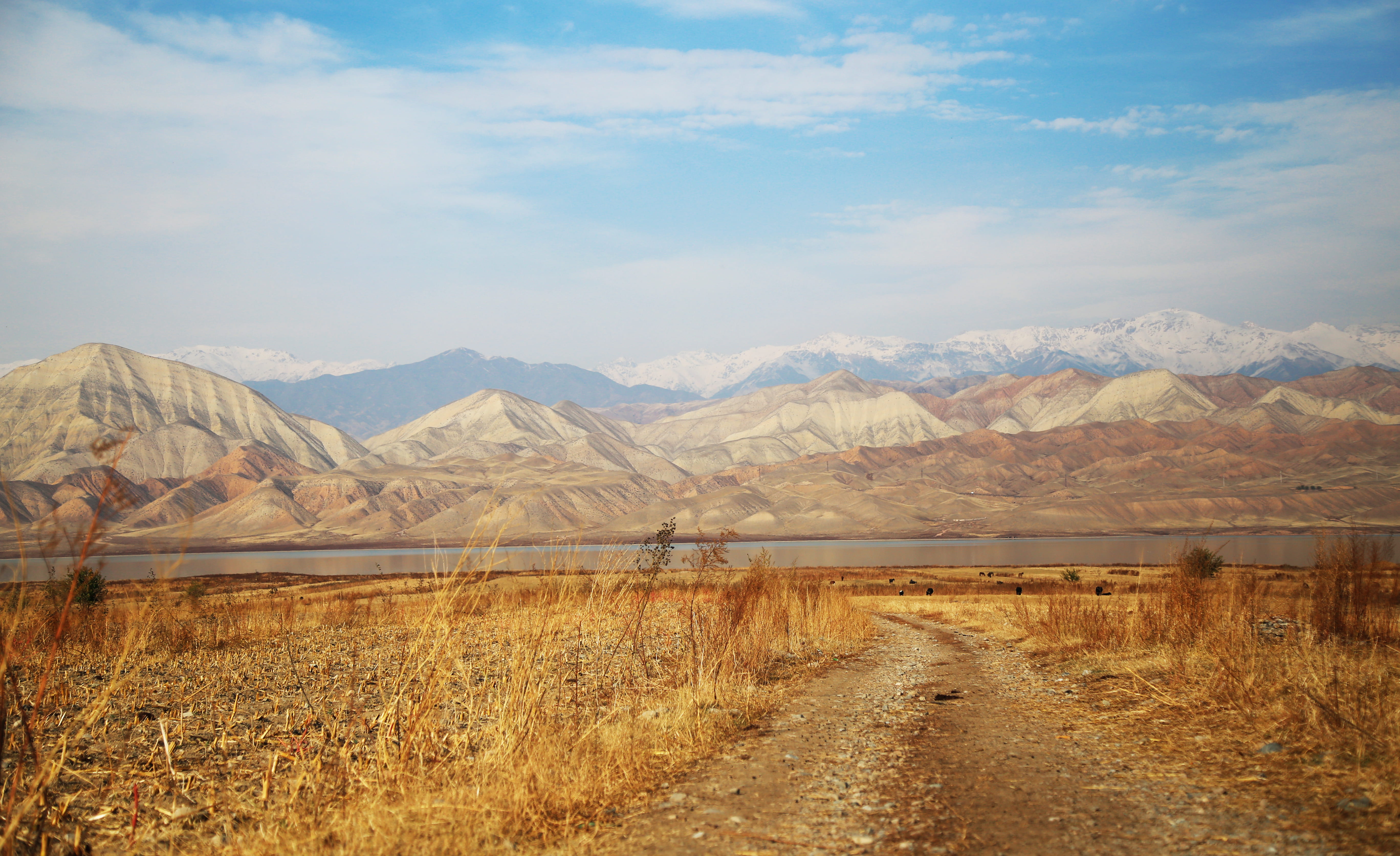towards, the way forward, road, scenics - nature, environment, path, idyllic, landscape layer, mountain, brown, day, tranquility, no people, osh, lake, HD Wallpaper