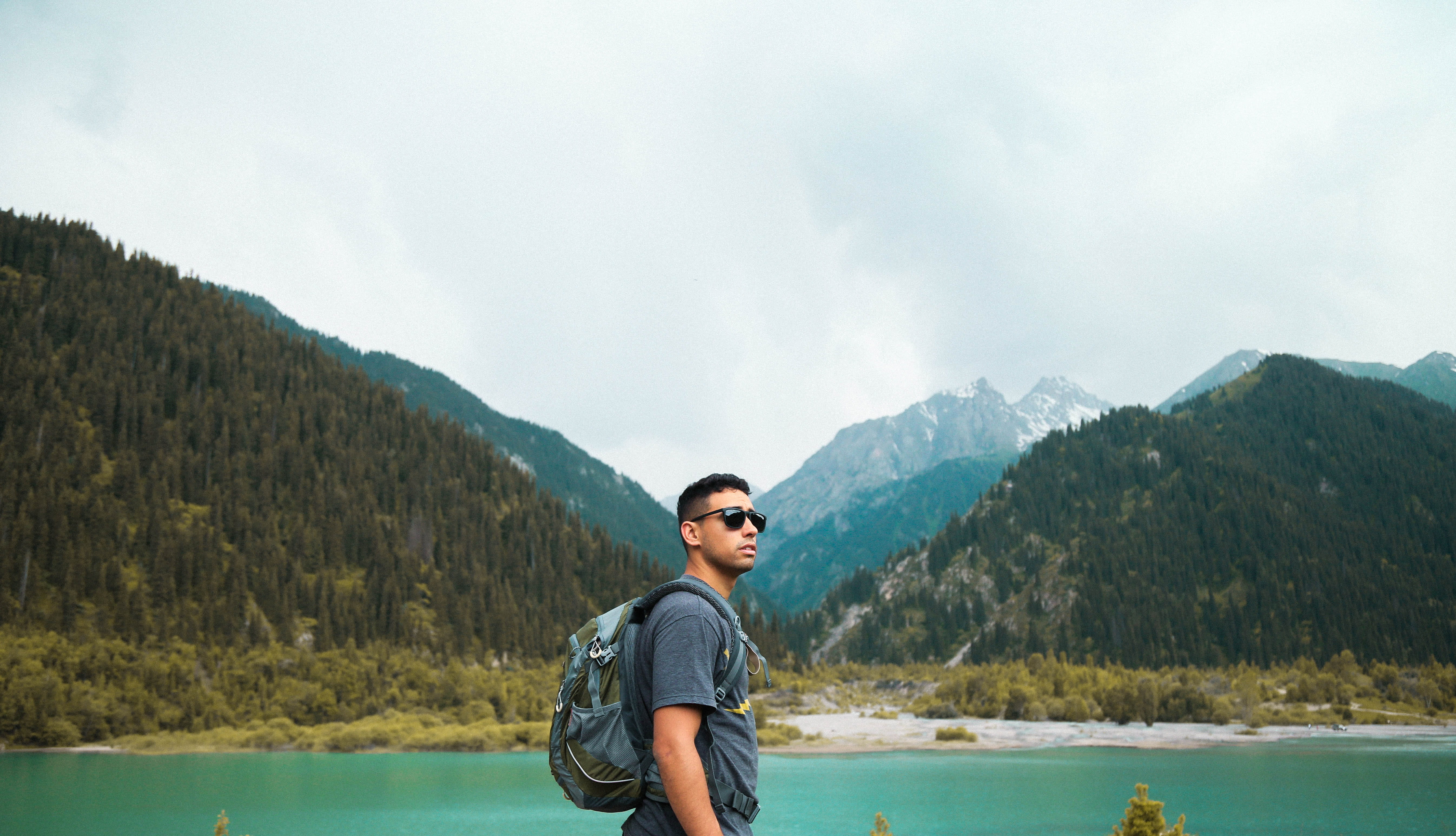 leisure activity, sea, forest, coast, lake, male, taking, explorer, ezik, young adult, mountain, cloud - sky, daytime, real people, mountains, scenics - nature, HD Wallpaper