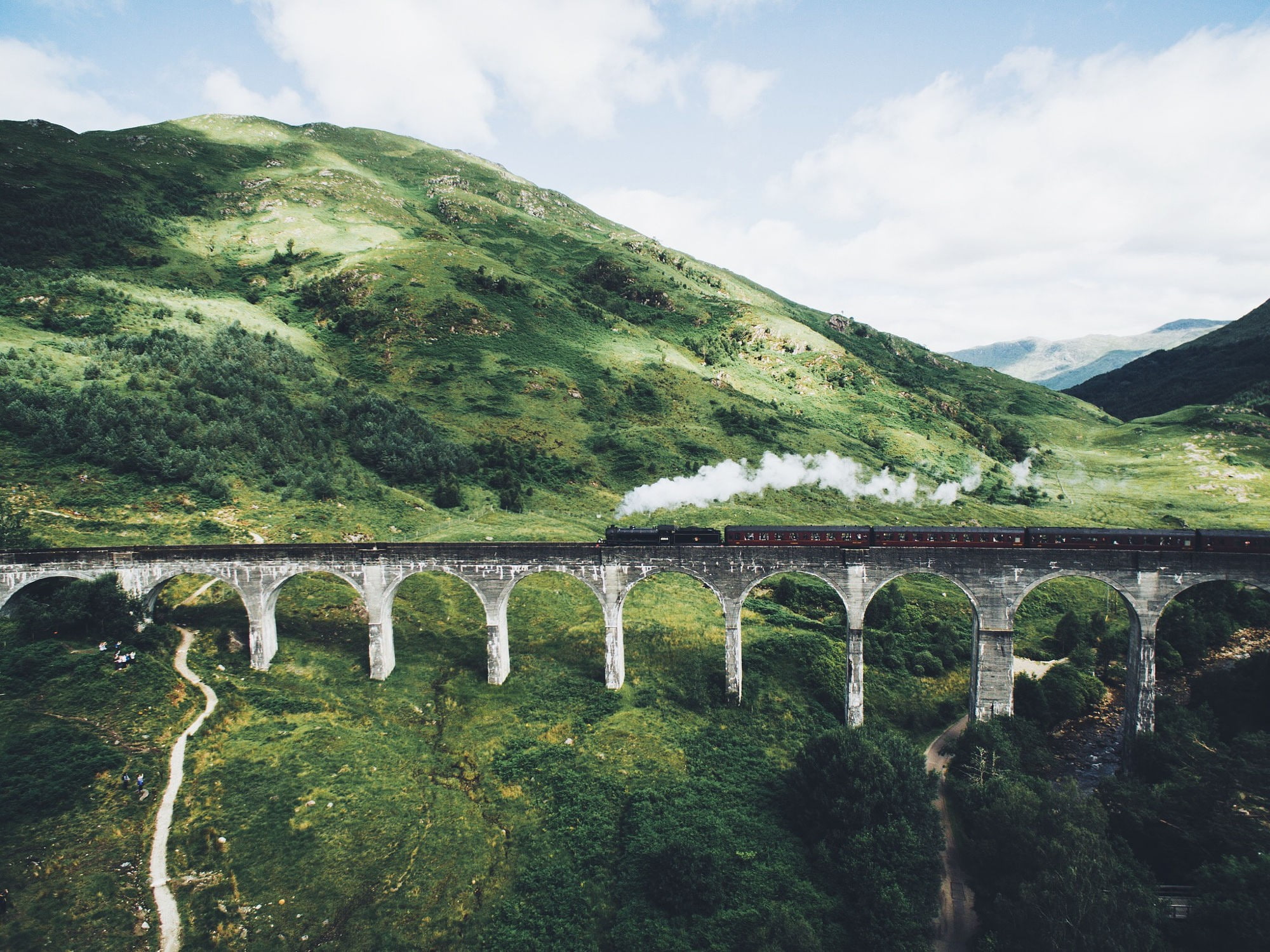 beauty in nature, tranquil scene, train, architecture, arch, sky, water, landscape, mountains, tree, bridge, no people, green color, built structure, scenics - nature, HD Wallpaper