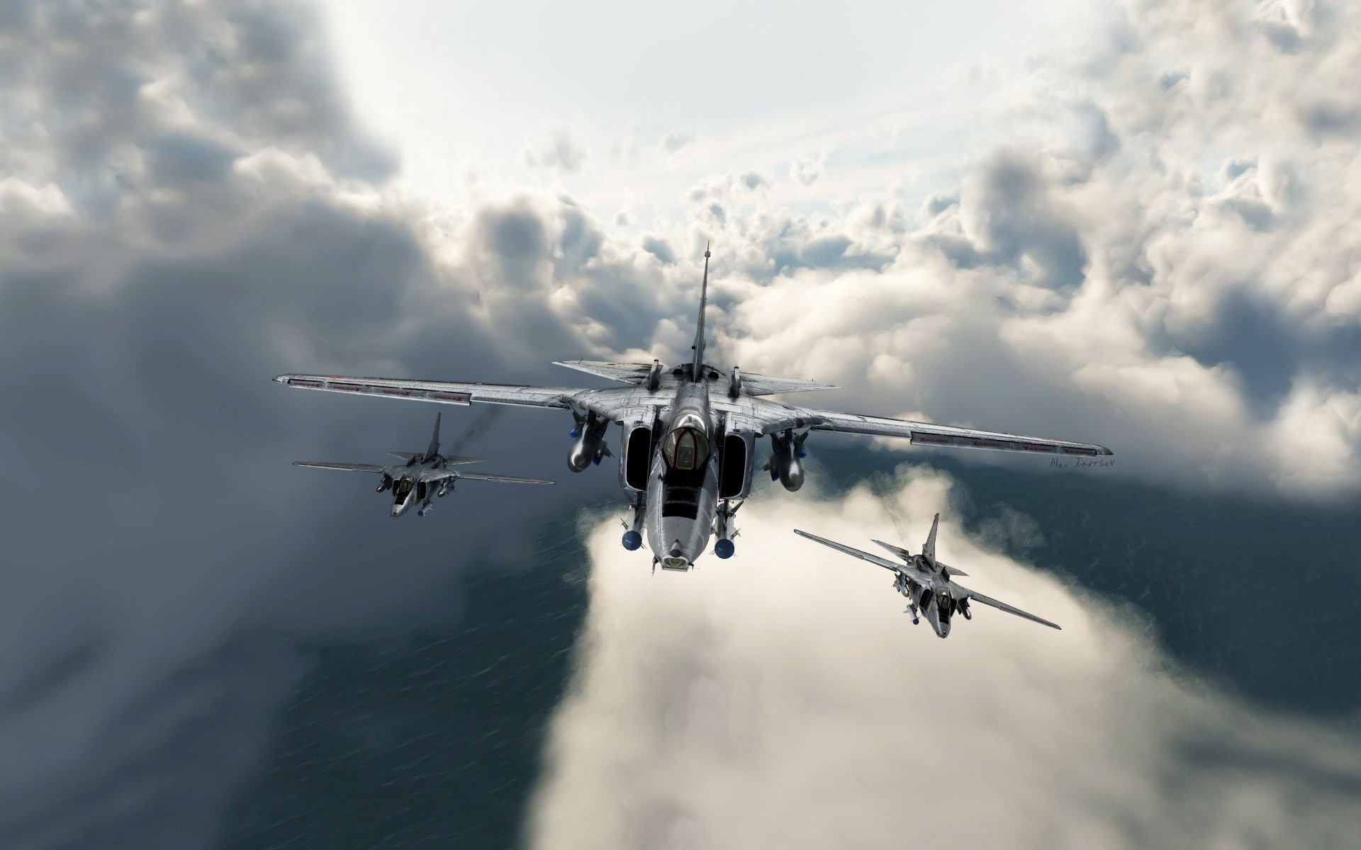 Mikoyan MiG-27, 1080P, military aircraft, digital art, clouds, aircraft, jet fighter, HD Wallpaper