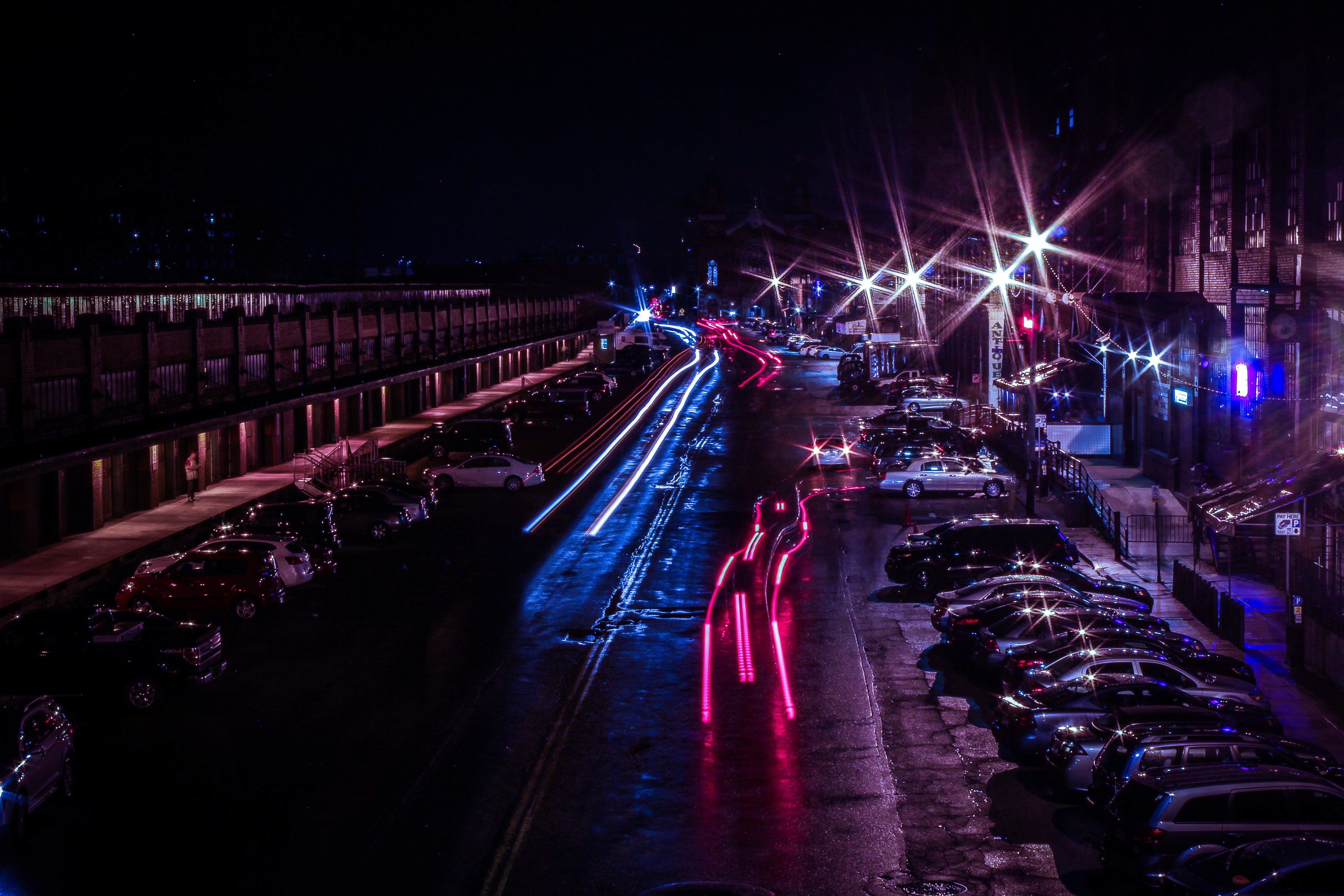 dark, night, 5K, mode of transportation, street, transportation, city life, connection, bridge, architecture, motion, nightlife, road, building exterior, HD Wallpaper