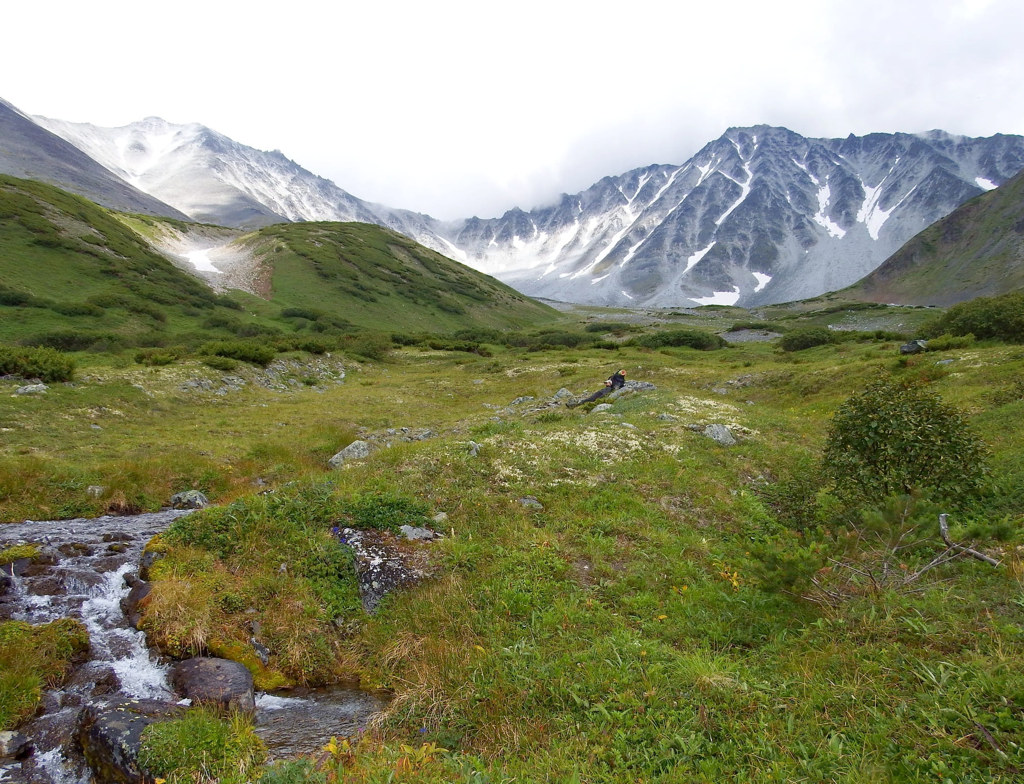 mountain peak, grass, camping, scenics - nature, snowcapped mountain, activity, cold temperature, mountains, mountain, non-urban scene, creek, stream - flowing water, HD Wallpaper