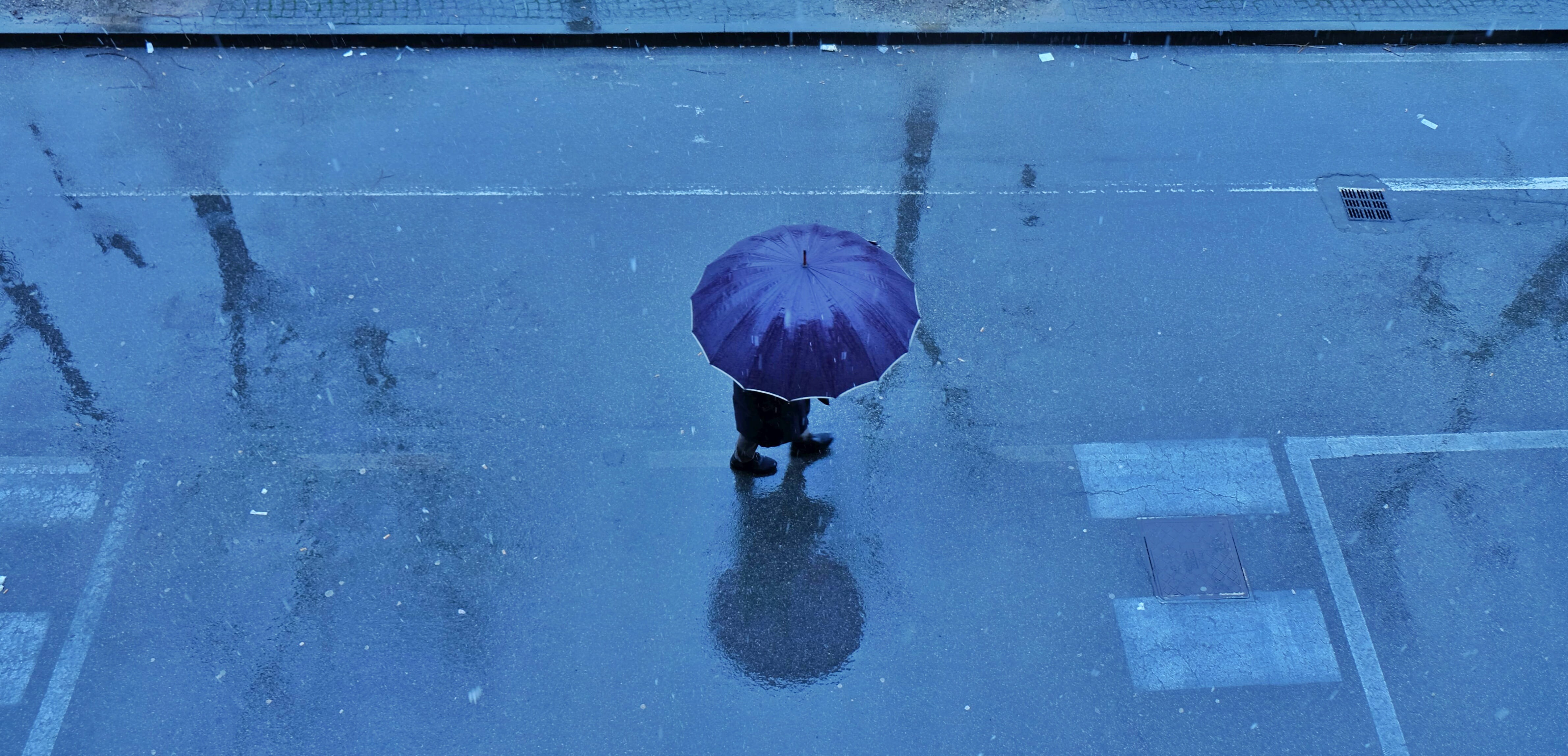 drizzling, umbrella, city, 4K, rain, unrecognizable person, close-up, high angle view, swimming, person, road, nature, blue, real people, walking, one person, HD Wallpaper