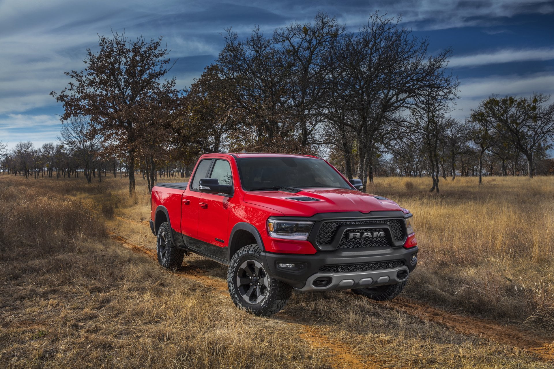Dodge, Car, mode of transportation, land, day, motor vehicle, tree, field, cloud - sky, sky, Pickup, landscape, no people, grass, Dodge Ram 1500, Red Car, HD Wallpaper