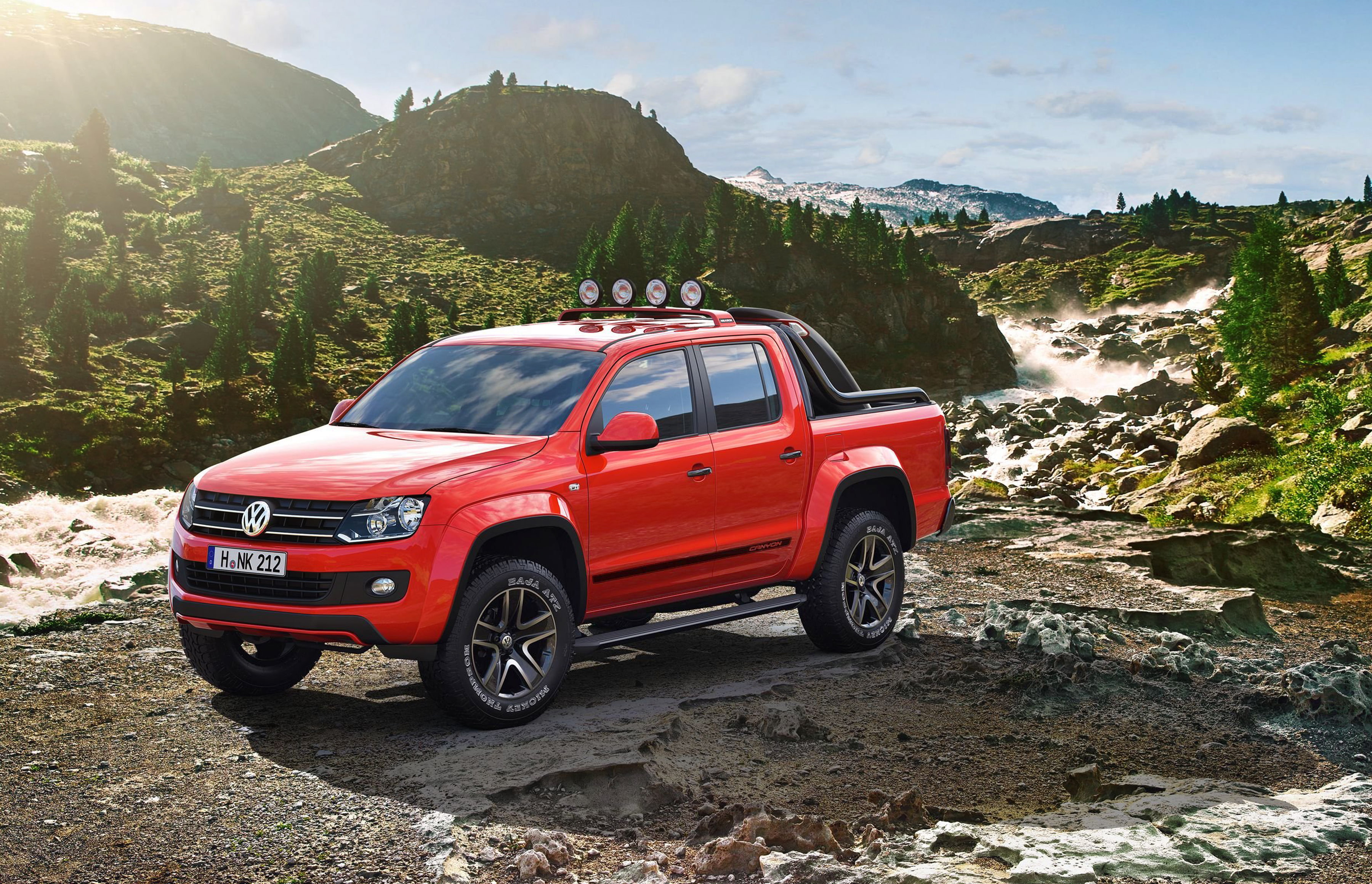truck, stones, mountains, red, Volkswagen, drives, exotic painting, pickup, crew, extra lights, cab, Canyon, tuning, show car, Amarok, 2K, HD Wallpaper