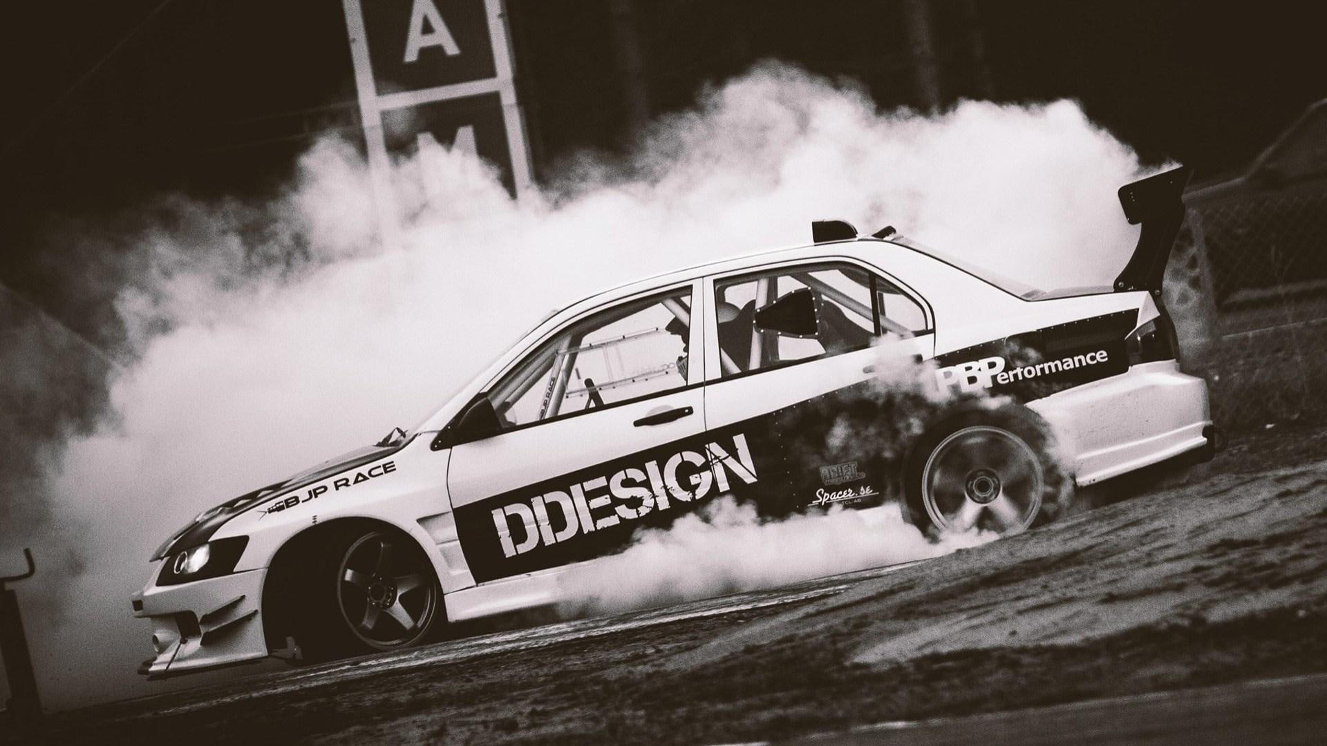 smoke, sports, car, mitsubishi, white, evo, black, 1080P, drift, HD Wallpaper