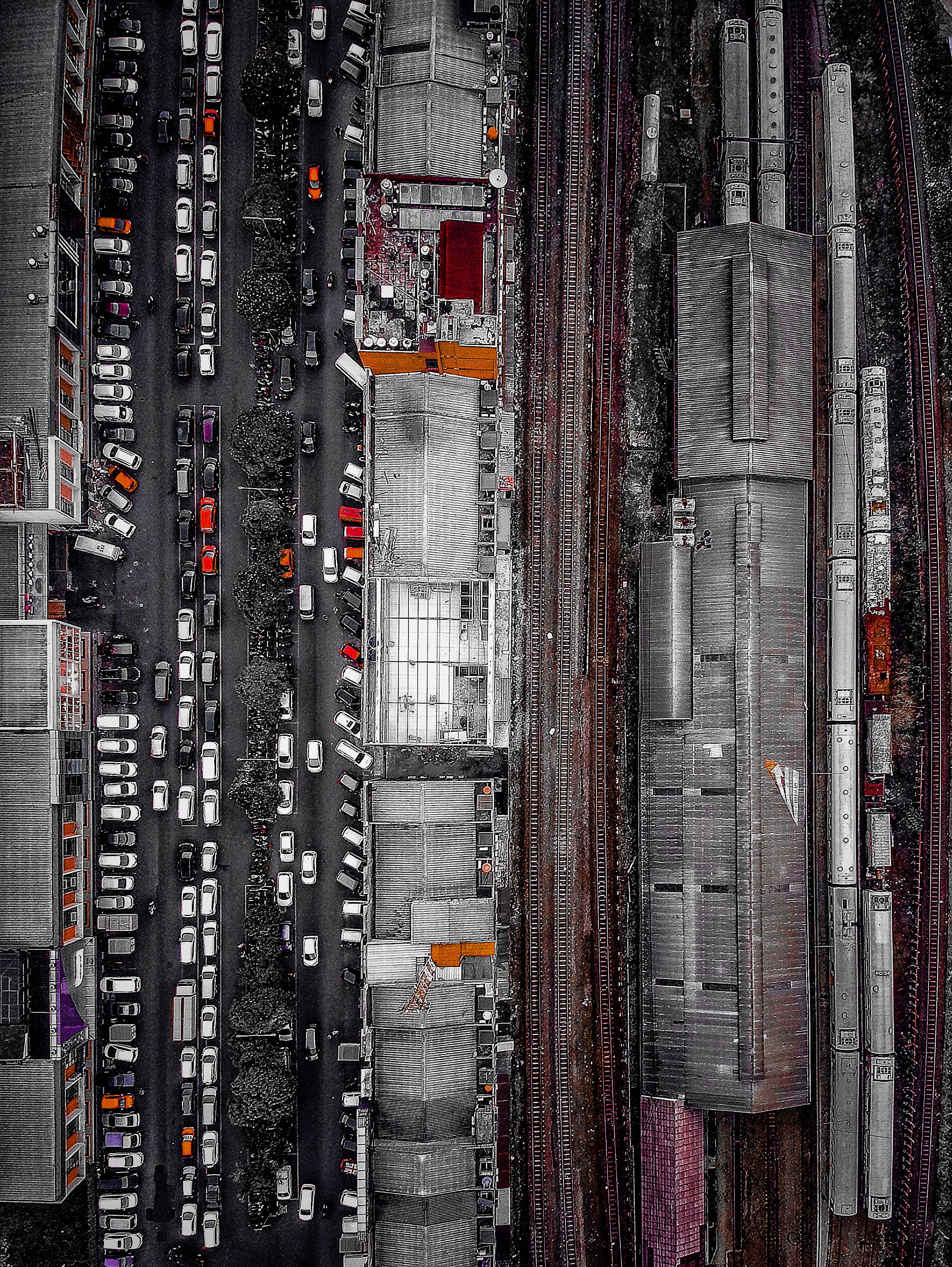 black and white, 2K, aerial view, no people, city, architecture, drone view, built structure, full frame, high angle view, office building exterior, traffic, Phone HD Wallpaper