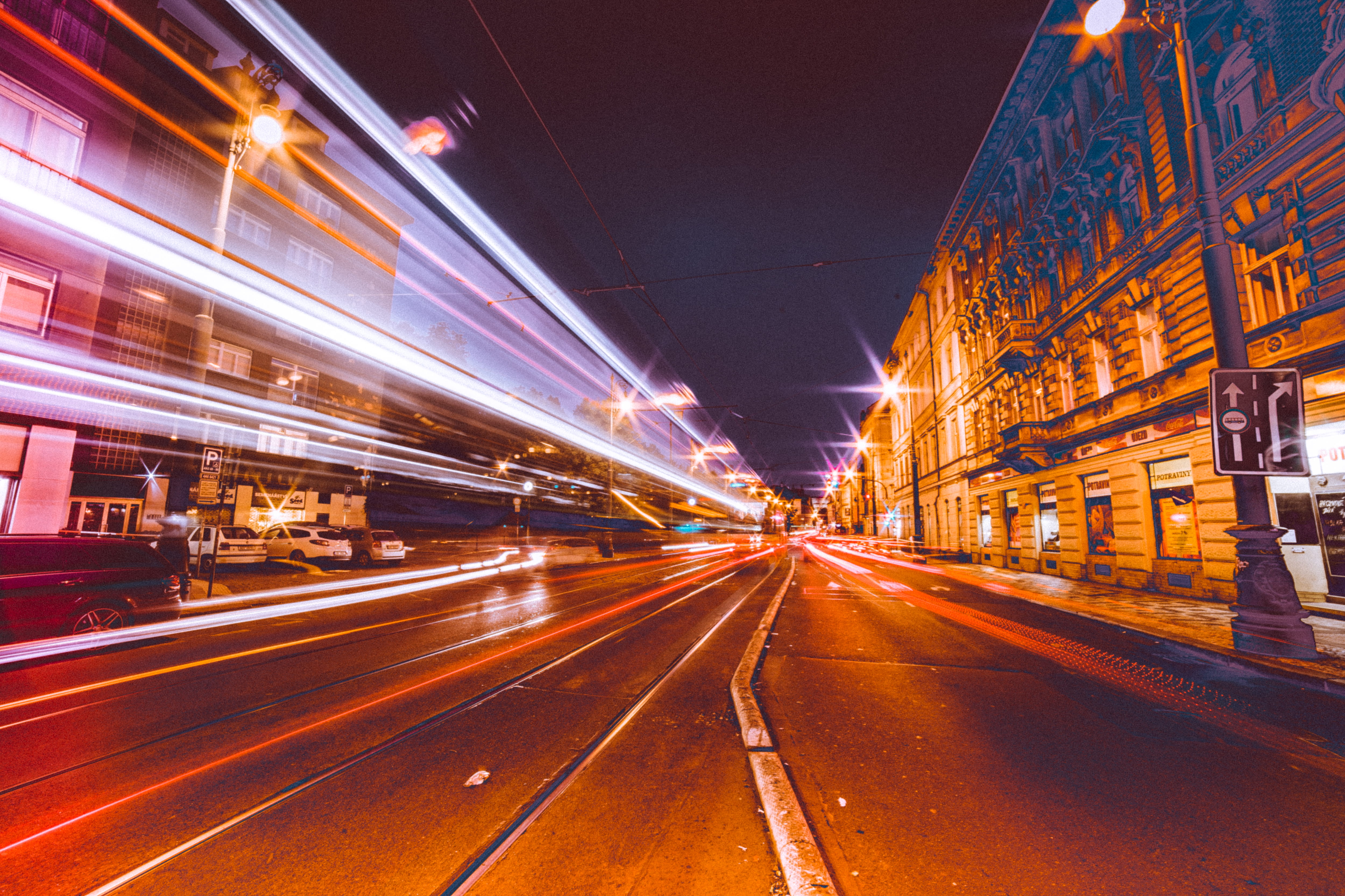 built structure, cars, travel destinations, dark, abstract, light trail, 4K, colorful, outdoors, street, city street, night, motion, architecture, streets, HD Wallpaper