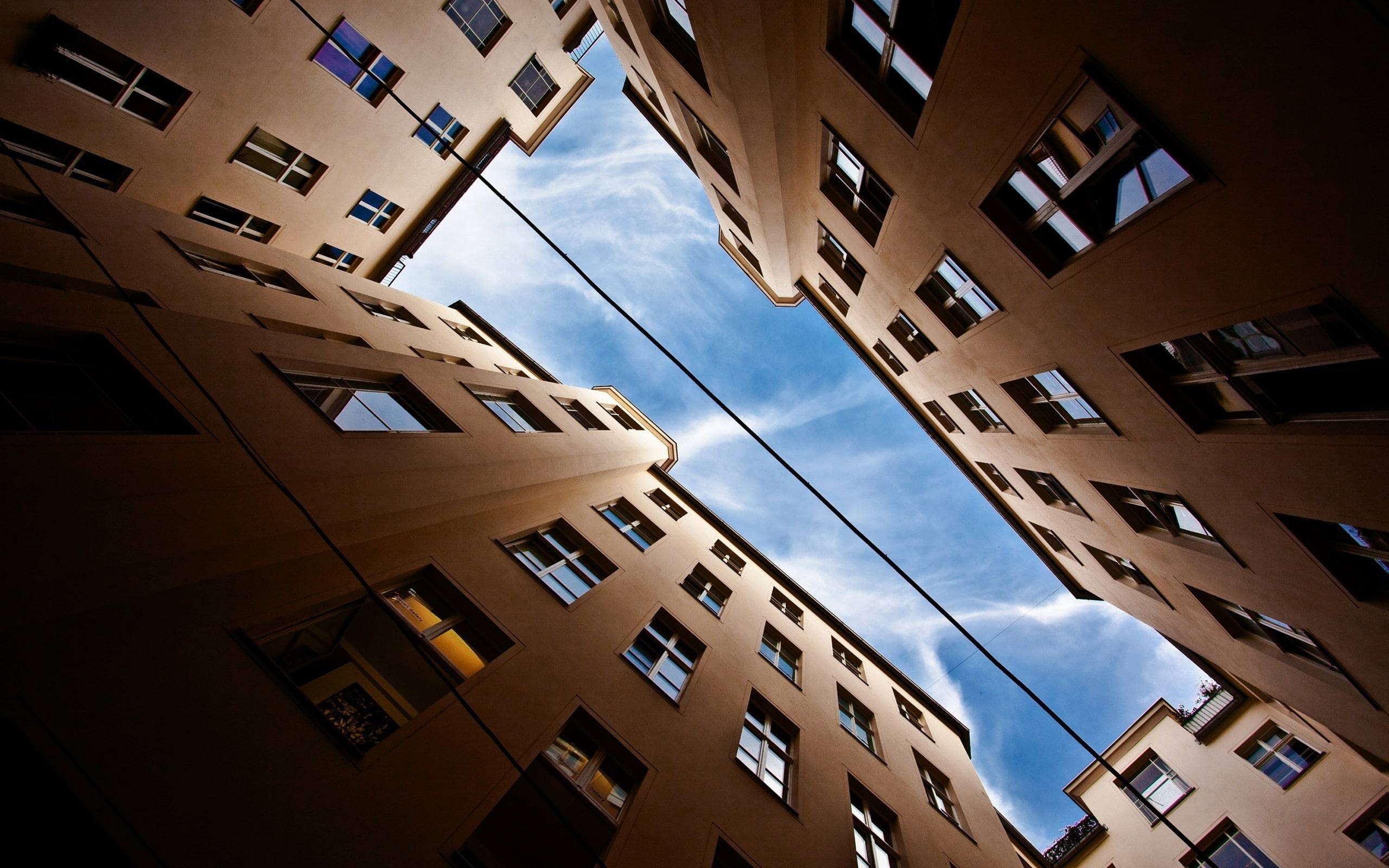 cityscape, worms eye view, sky, building, 2K, HD Wallpaper