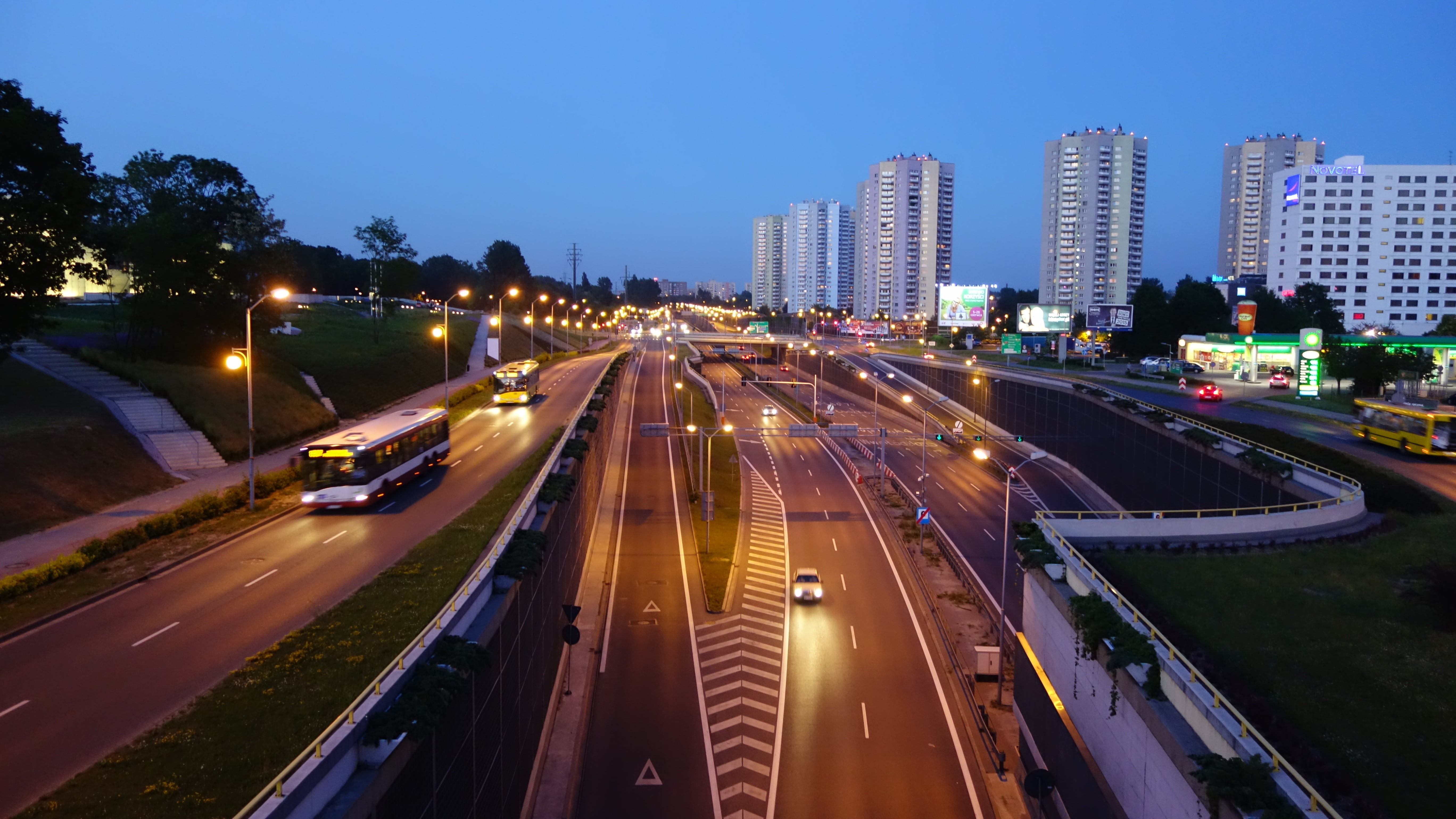 mode of transportation, transportation, transport, public space, aerial, built structure, multiple lane highway, road, night, architecture, 5K, skyscraper, HD Wallpaper