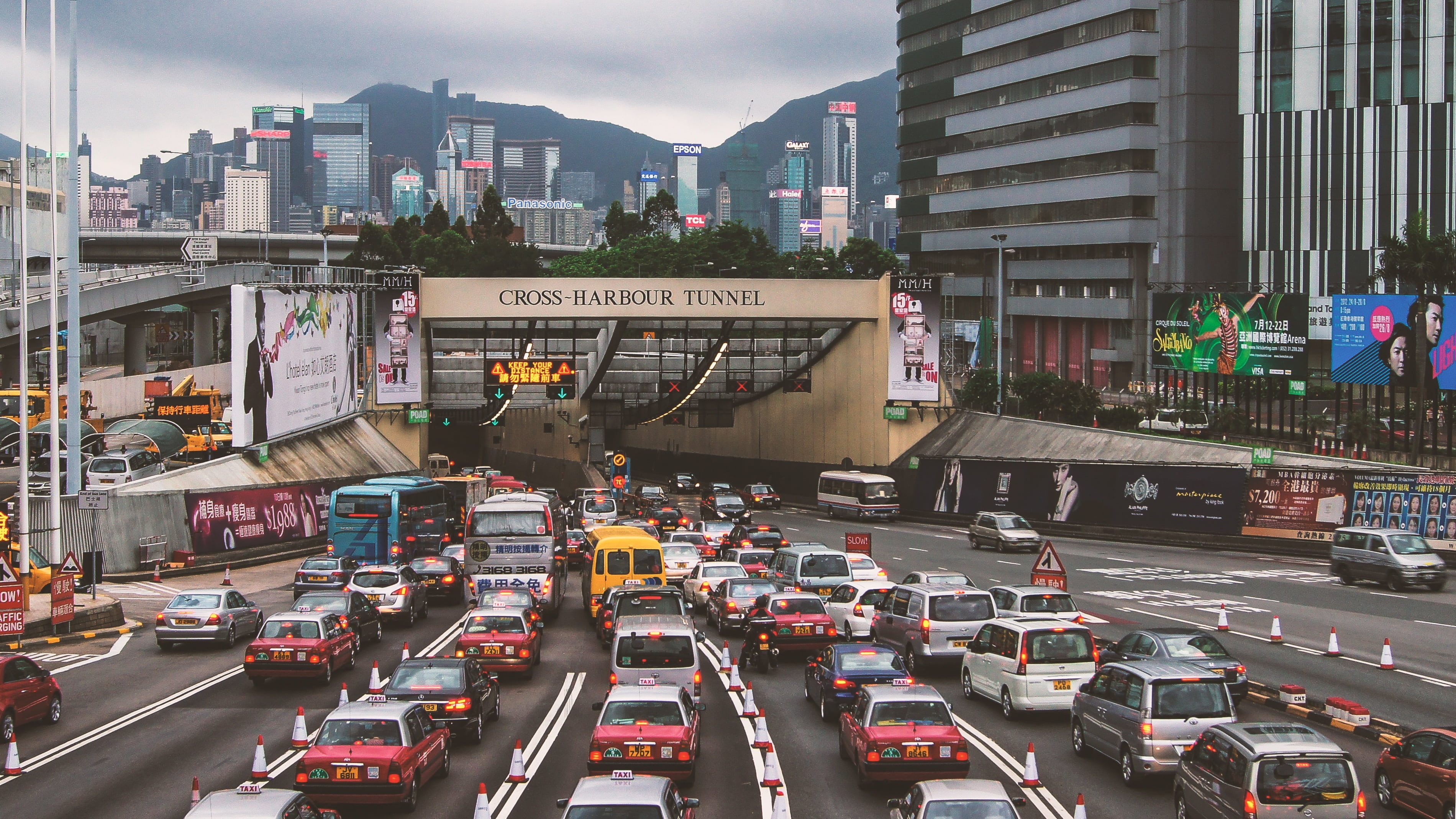 car, built structure, city, road, land vehicle, traffic, office building exterior, cross harbour tunnel, building, crowded, city Life, hung hom, 2K, daytime, HD Wallpaper