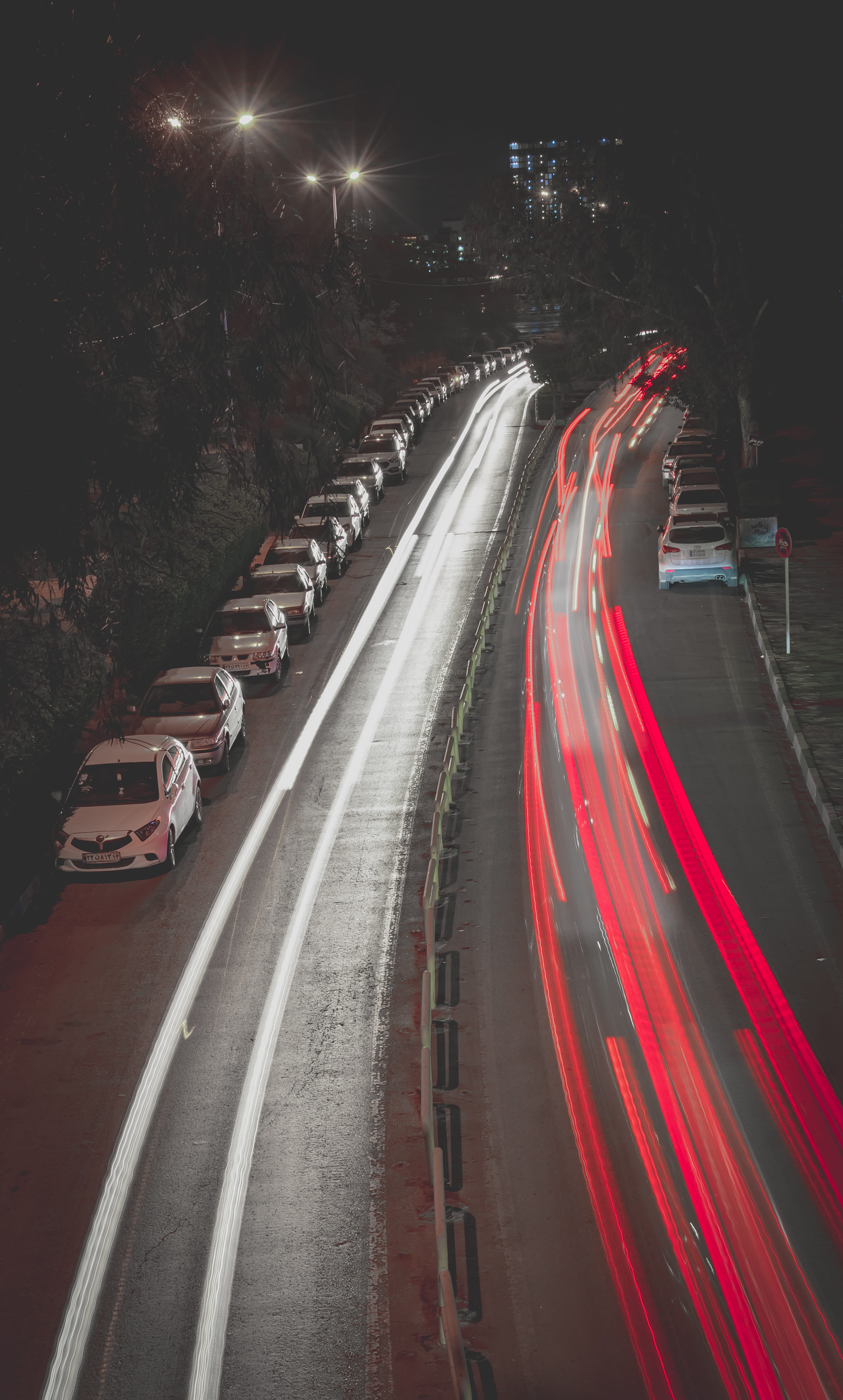 illuminated, train, motion, vehicle, red, no people, human, traffic jam, street, long exposure, highway, road, iran, transportation, mode of transportation, Phone HD Wallpaper