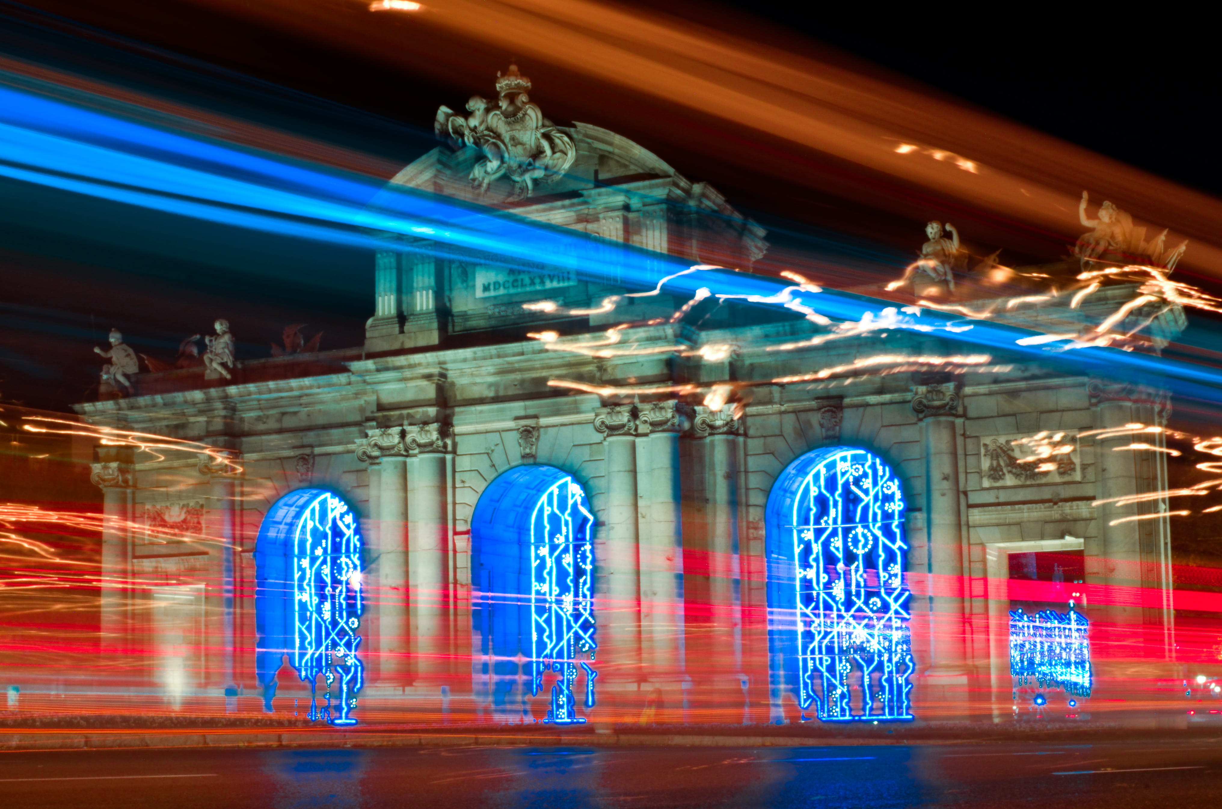 downtown, traffic, monument, light, christmas, glass - material, night, travel, reflection, glowing, light - natural phenomenon, madrid, speed, neon, car, HD Wallpaper