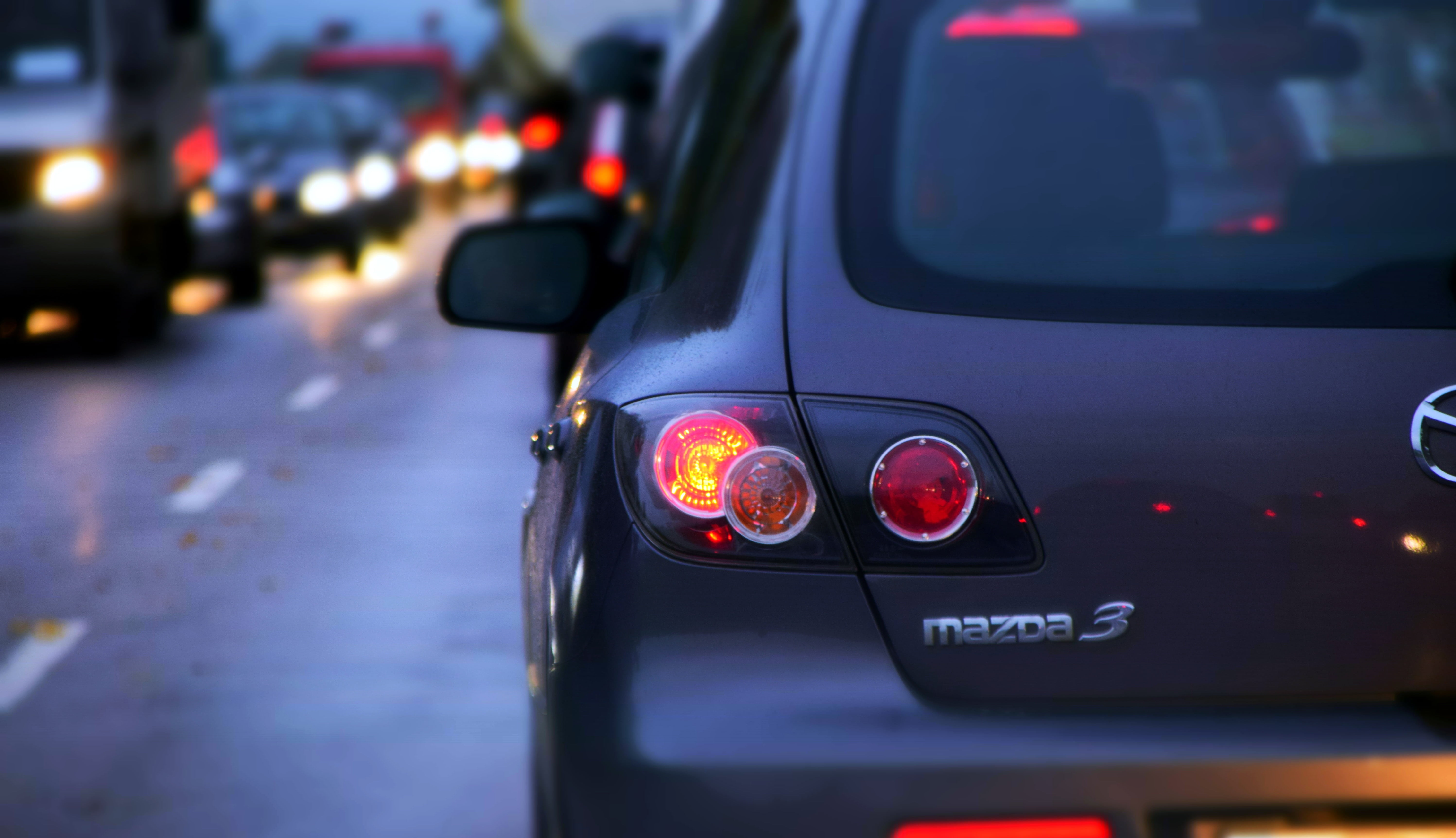 hatchback, car, focus on foreground, night, motor vehicle, architecture, back light, tail light, drive, black, twilight, autos, jam, mode of transportation, HD Wallpaper