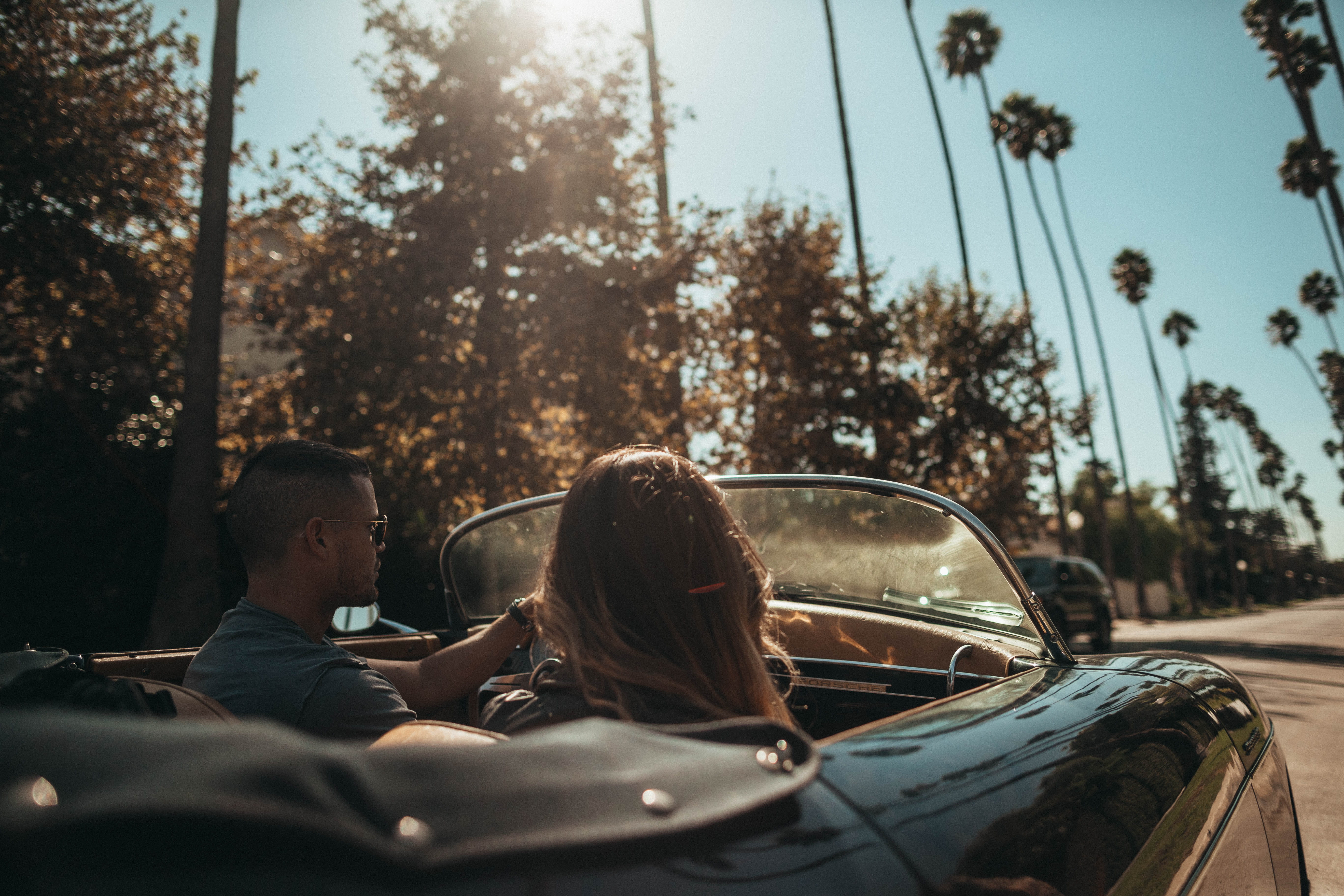 beauty, sunlight, candid, adventure, cabriolet, looking, travel, young Women, copy Space, affectionate, la, husband, girlfriend, soft top, women, day, man, HD Wallpaper